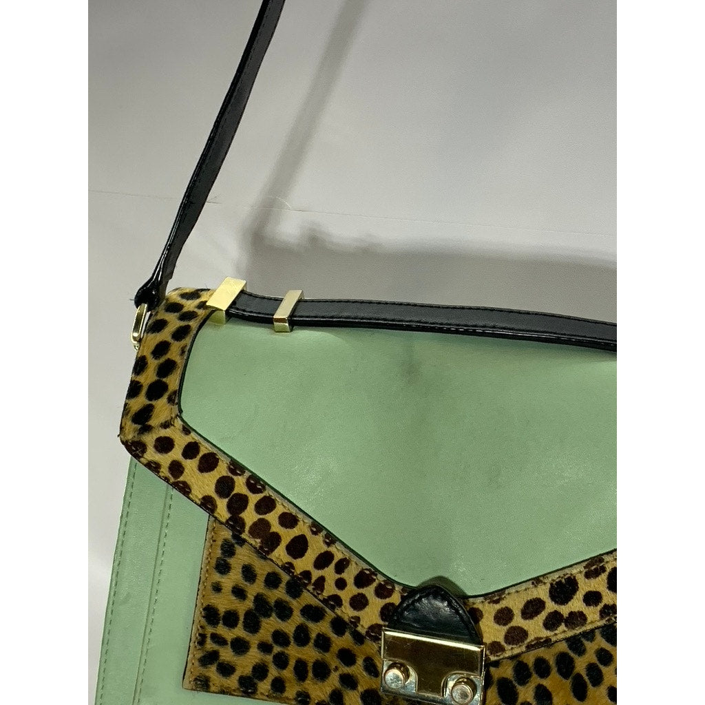LEOFFLER RANDALL Women's Green/Animal Print Calf Hair Rider Satchel Bag