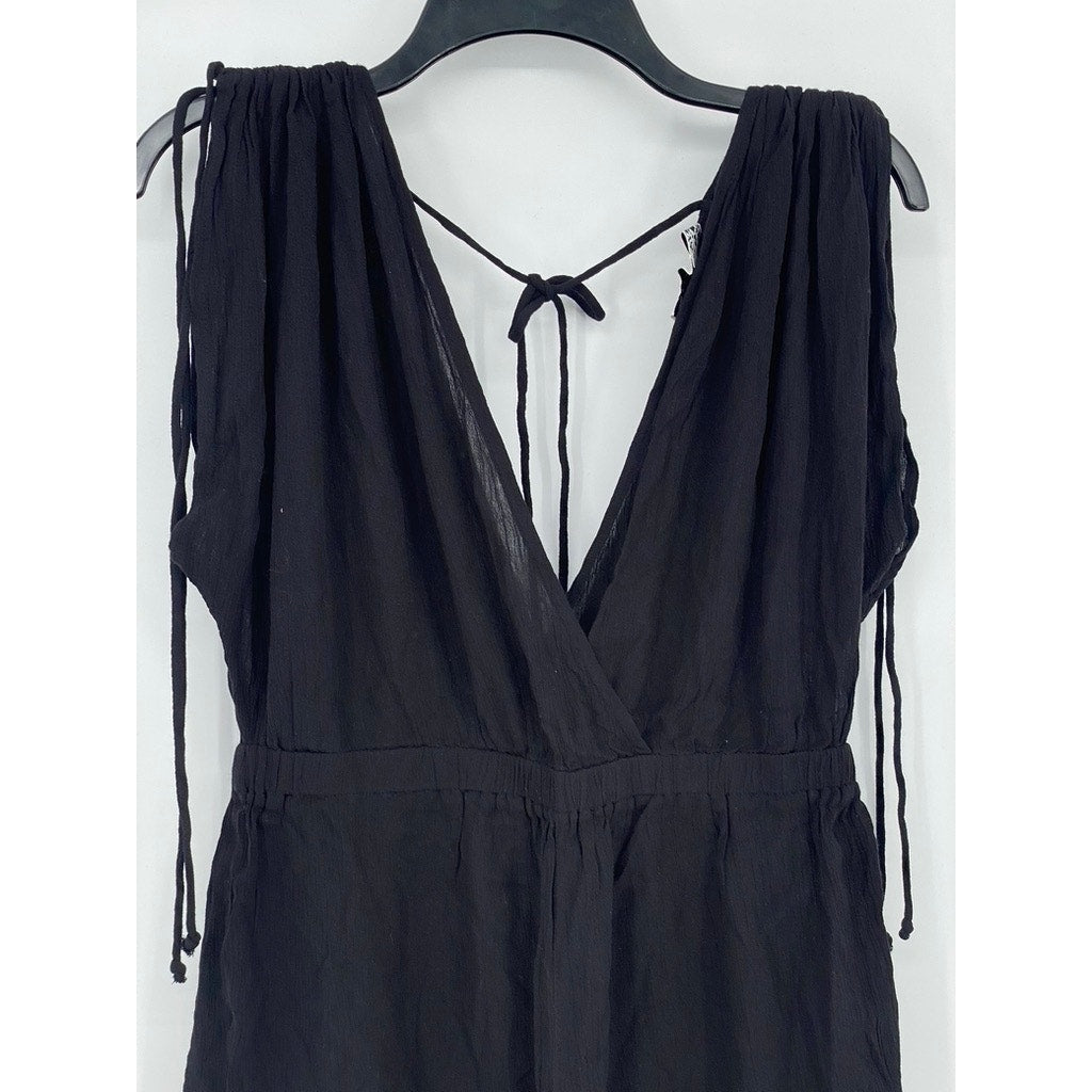 ASOS DESIGN Women's Black Crinkle Tie-Shoulder V-Neck Semi Sheer Romper SZ 8
