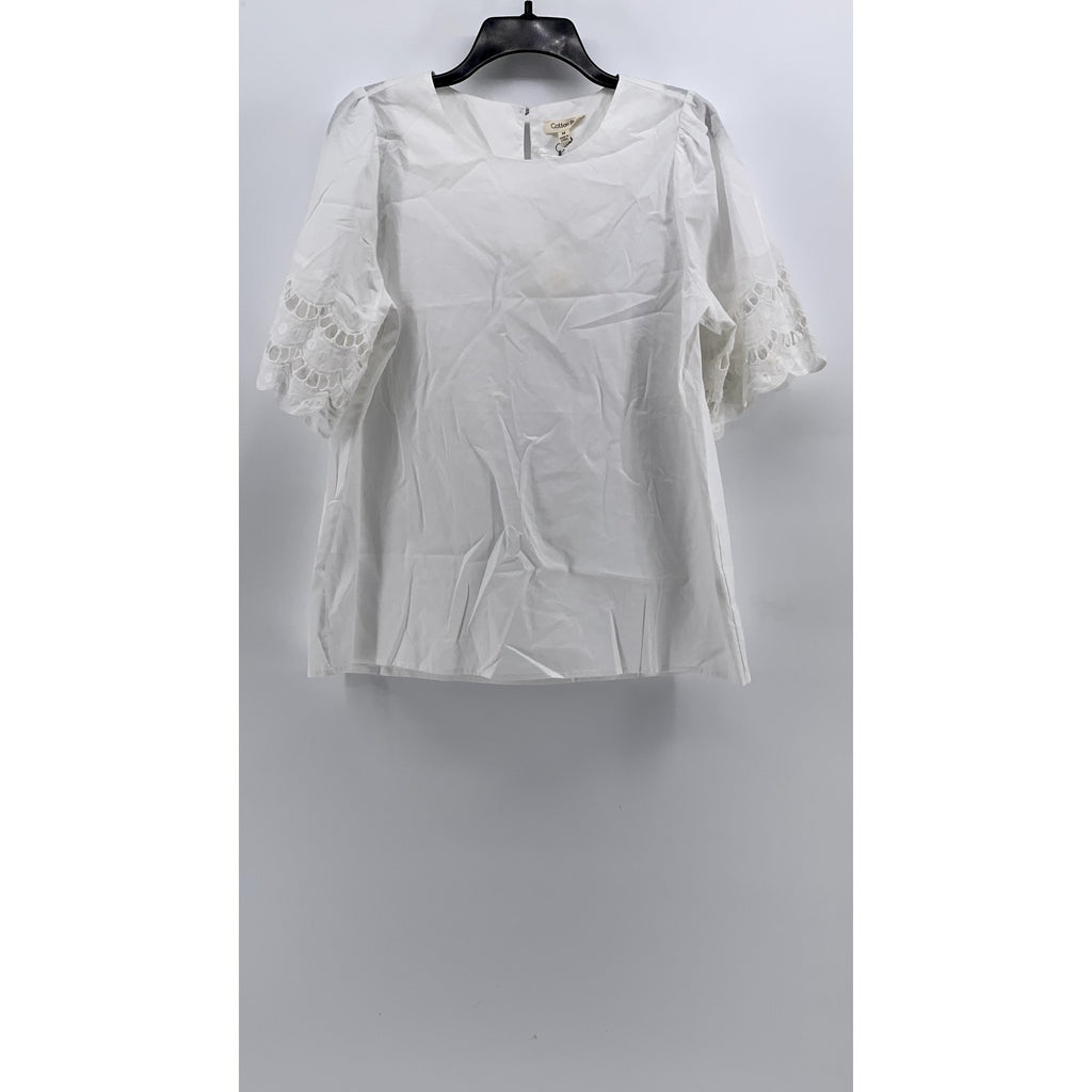 COTTON BLEU Women's White Cotton Lace Eyelet Elbow Sleeve Top SZ M