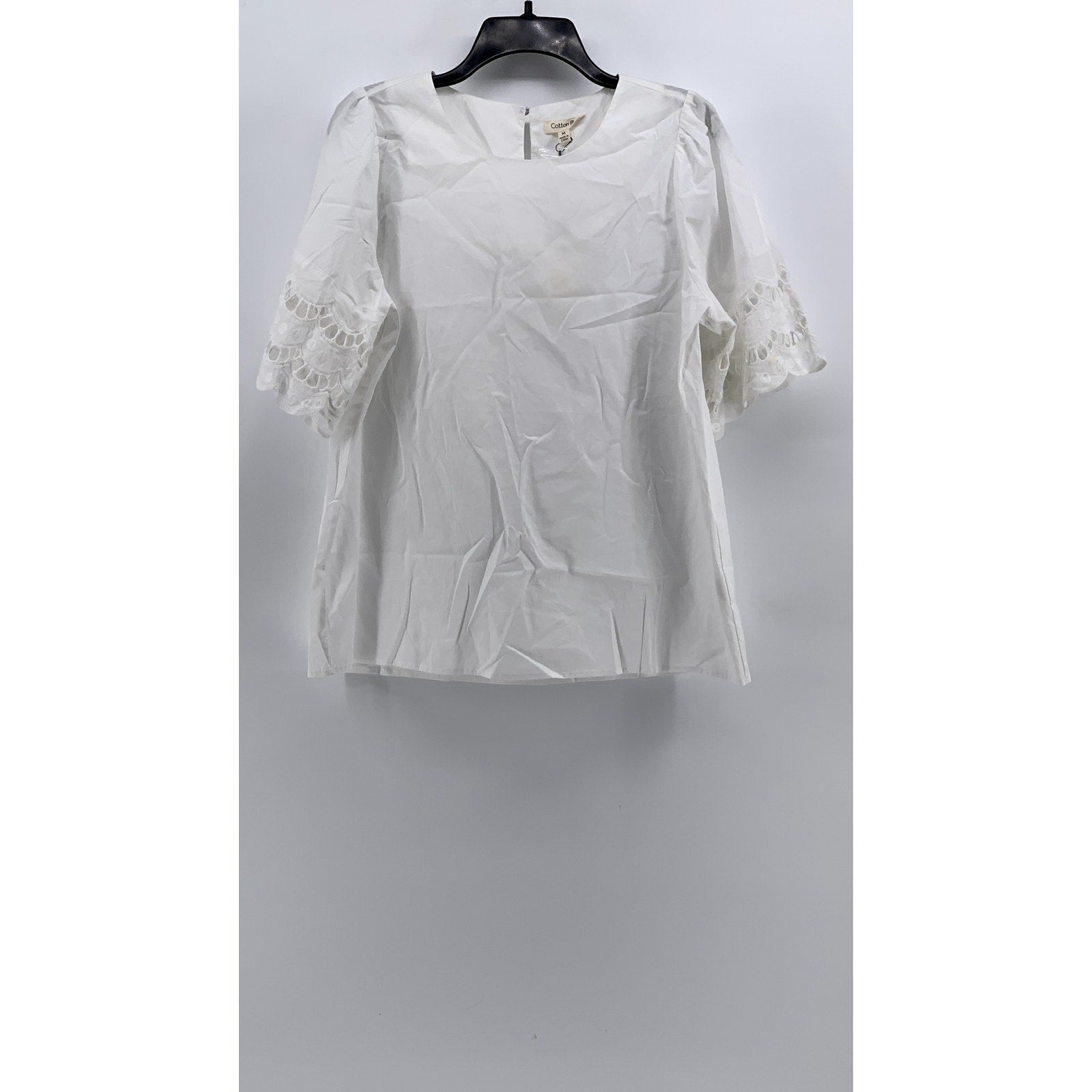 COTTON BLEU Women's White Cotton Lace Eyelet Elbow Sleeve Top SZ M
