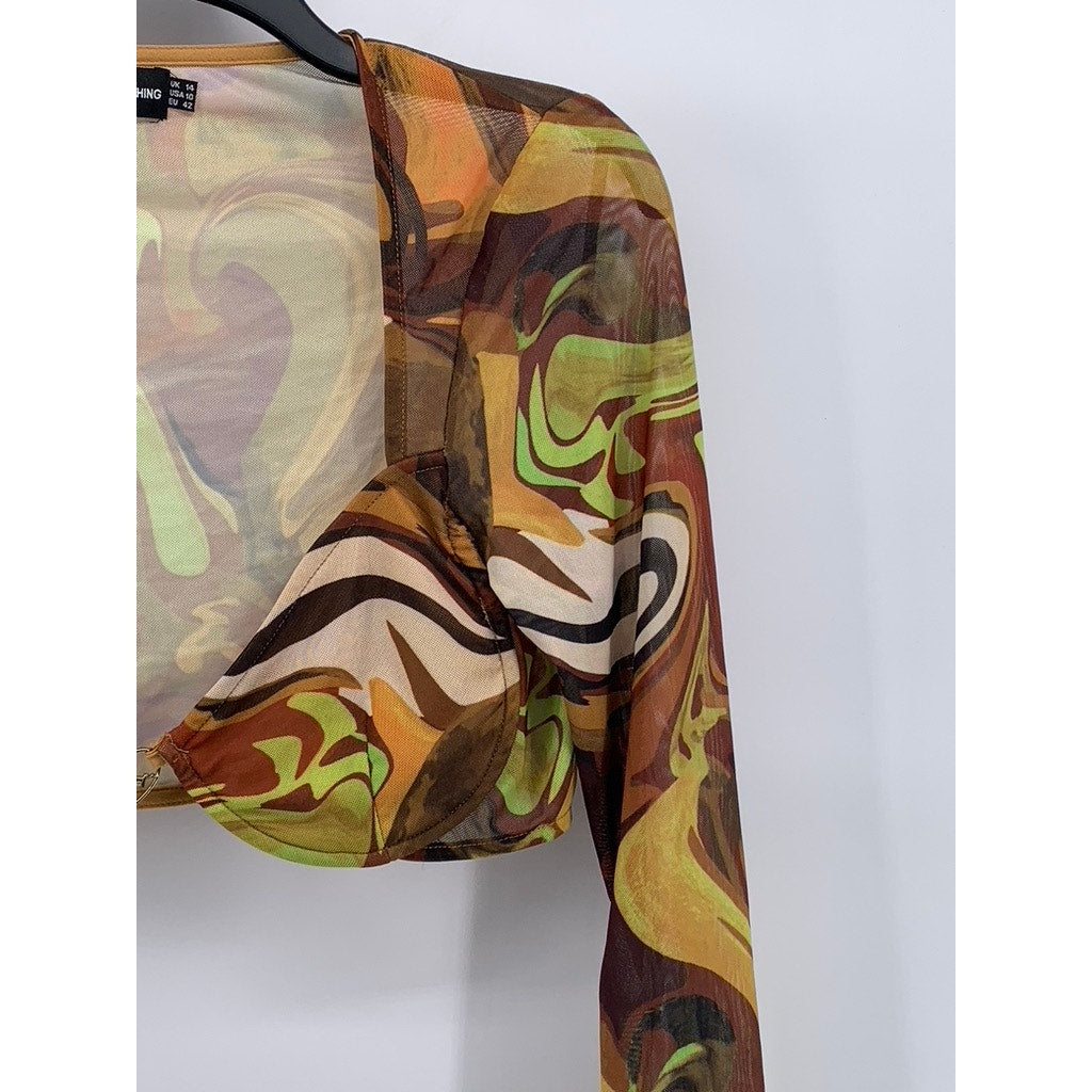 PRETTYLITTLETHING Women's Brown-Multi Sheer Mesh Long Sleeve Cropped Top SZ 10