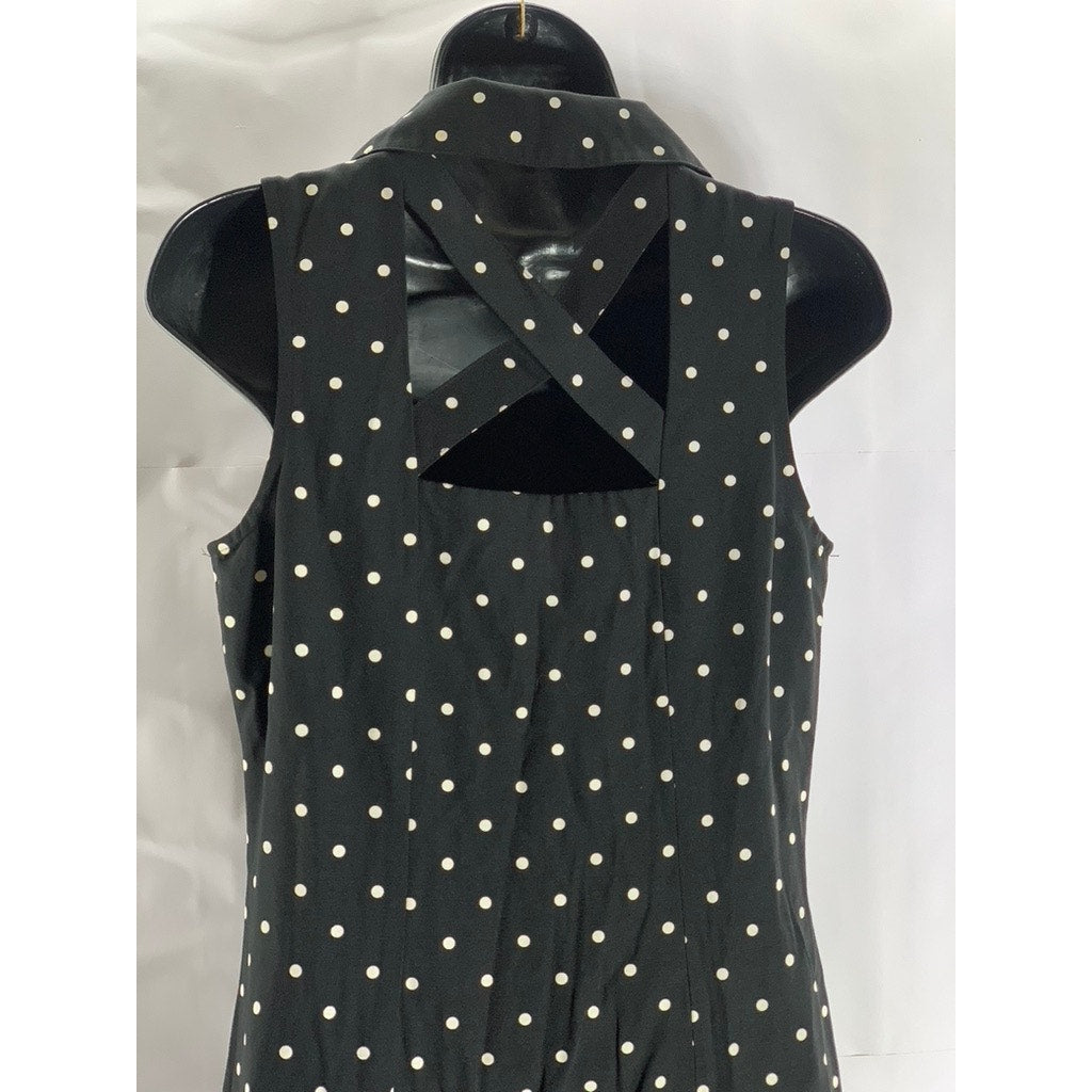 DRESSBARN Women's Vintage Black/White Polka Dot V-Neck Collared Midi Dress SZ 4
