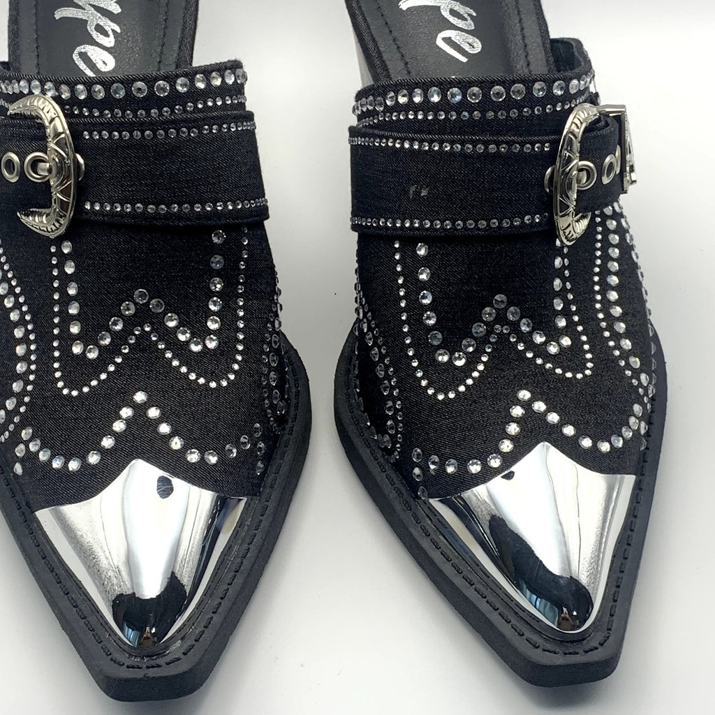 CAPE ROBBIN Women's Black Viv Rhinestone Denim Buckle Pointed-Toe Heels SZ 8