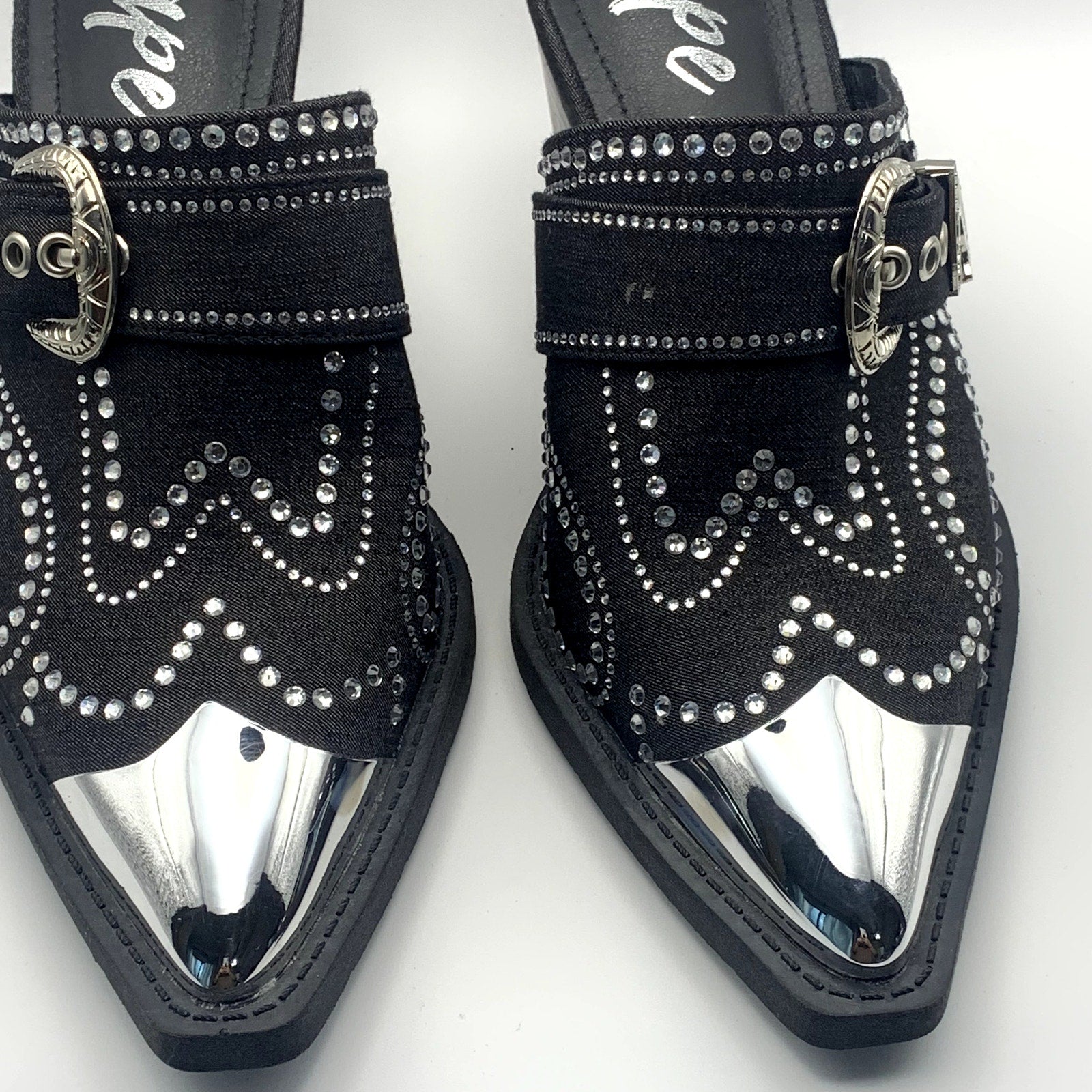 CAPE ROBBIN Women's Black Viv Rhinestone Denim Buckle Pointed-Toe Heels SZ 8