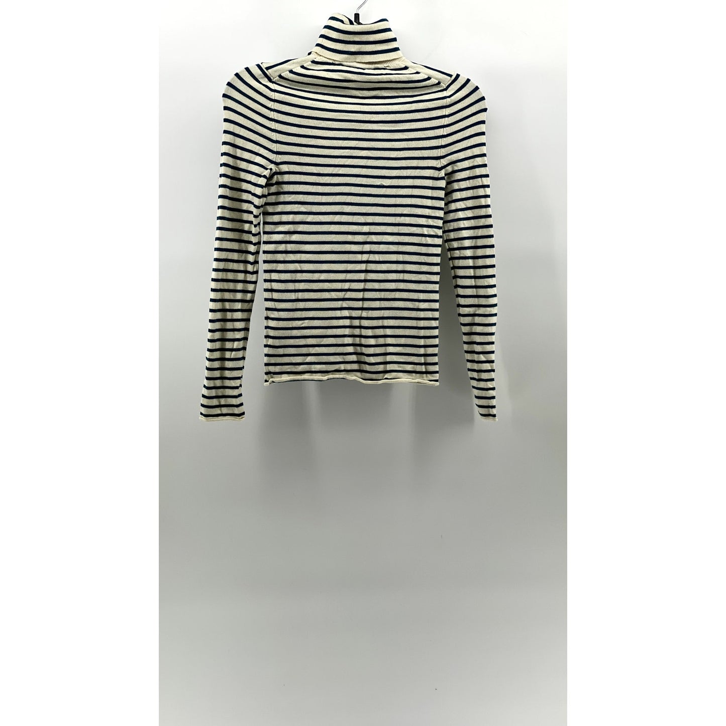 ZARA Women's Cream-Teal Blue Striped Knit Long Sleeve Turtleneck Top SZ S