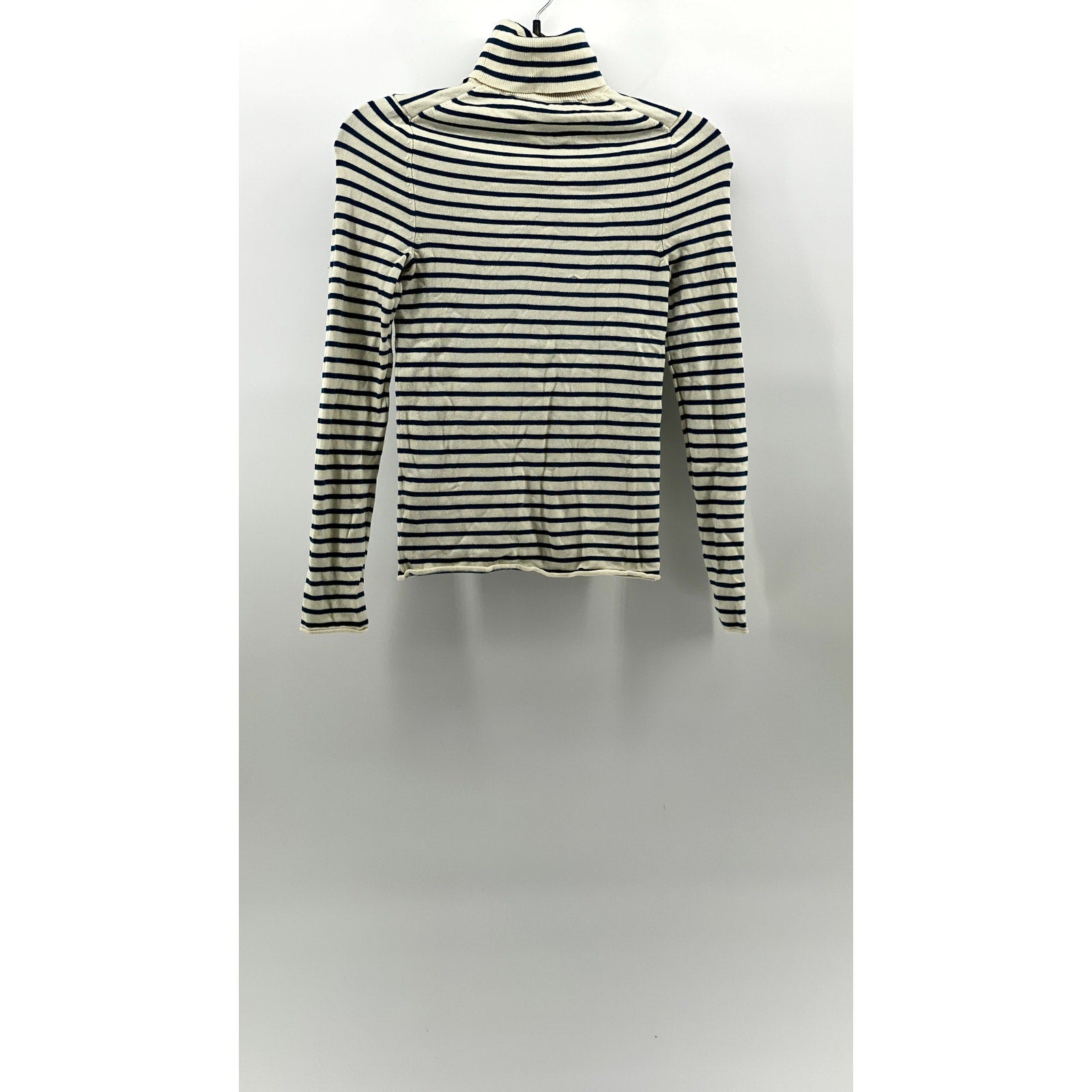 ZARA Women's Cream-Teal Blue Striped Knit Long Sleeve Turtleneck Top SZ S