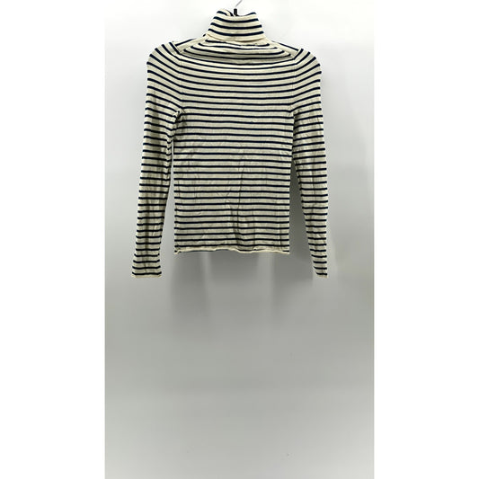ZARA Women's Cream-Teal Blue Striped Knit Long Sleeve Turtleneck Top SZ S