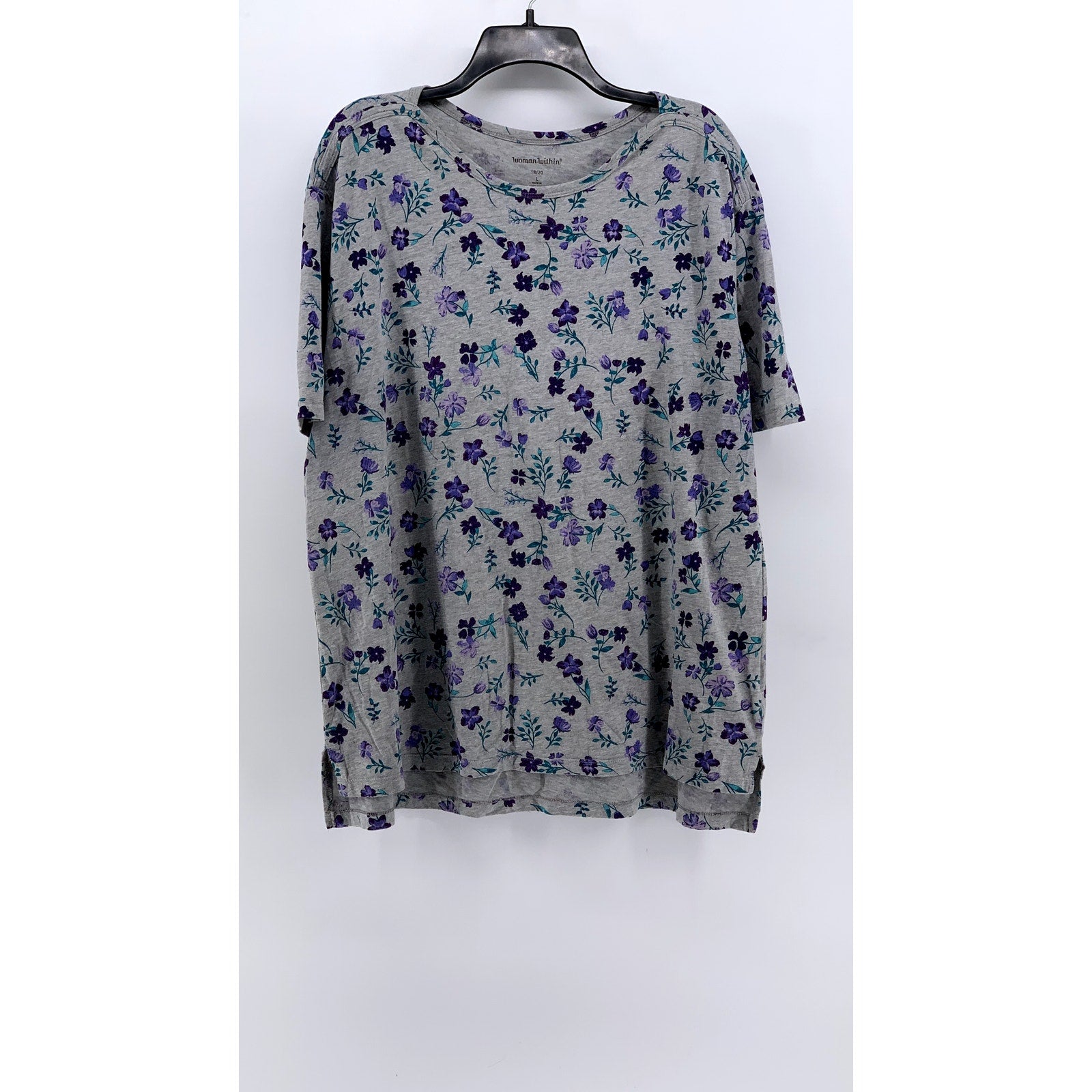 WOMAN WITHIN Women's Plus Gray Floral Short Sleeve Top SZ 18/20