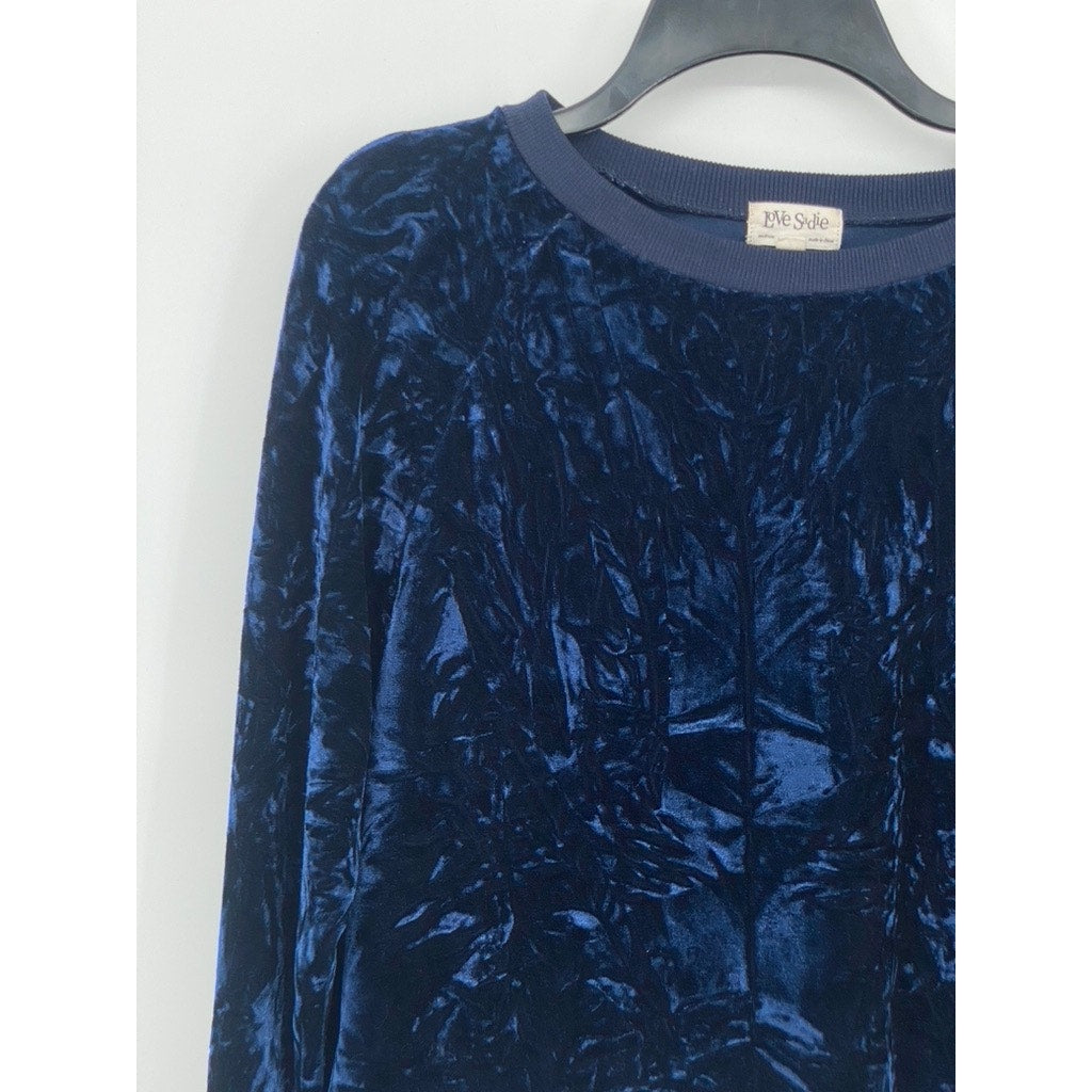 LOVE SADIE Women's Blue Crushed Velvet Crewneck Long Sleeve Pullover Sweater SZM