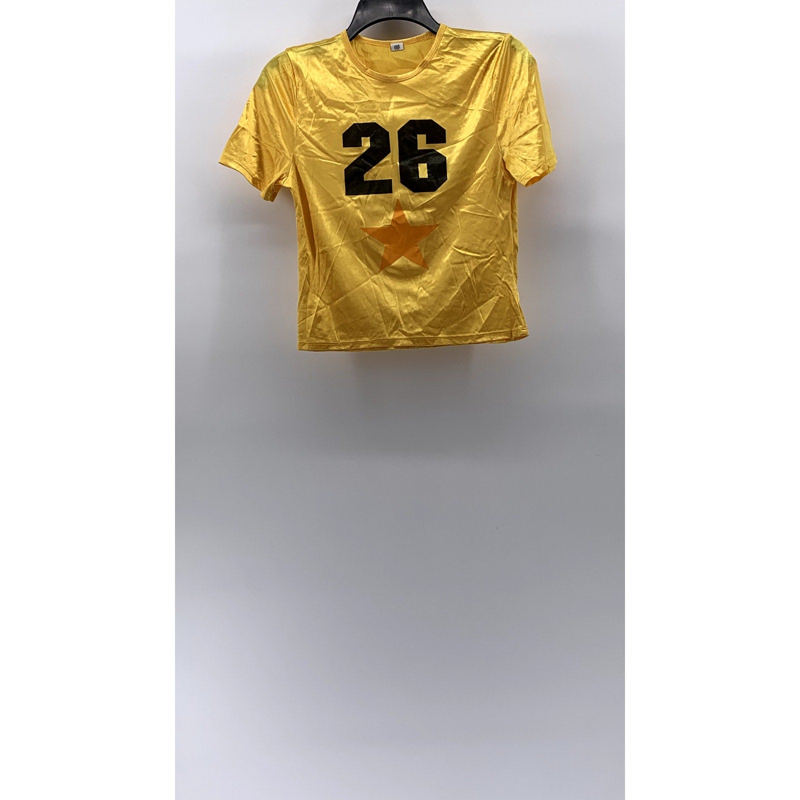 COOLWEAR USA Women's Yellow-Black Shiny Crewneck Short Sleeve Cropped Top SZ L