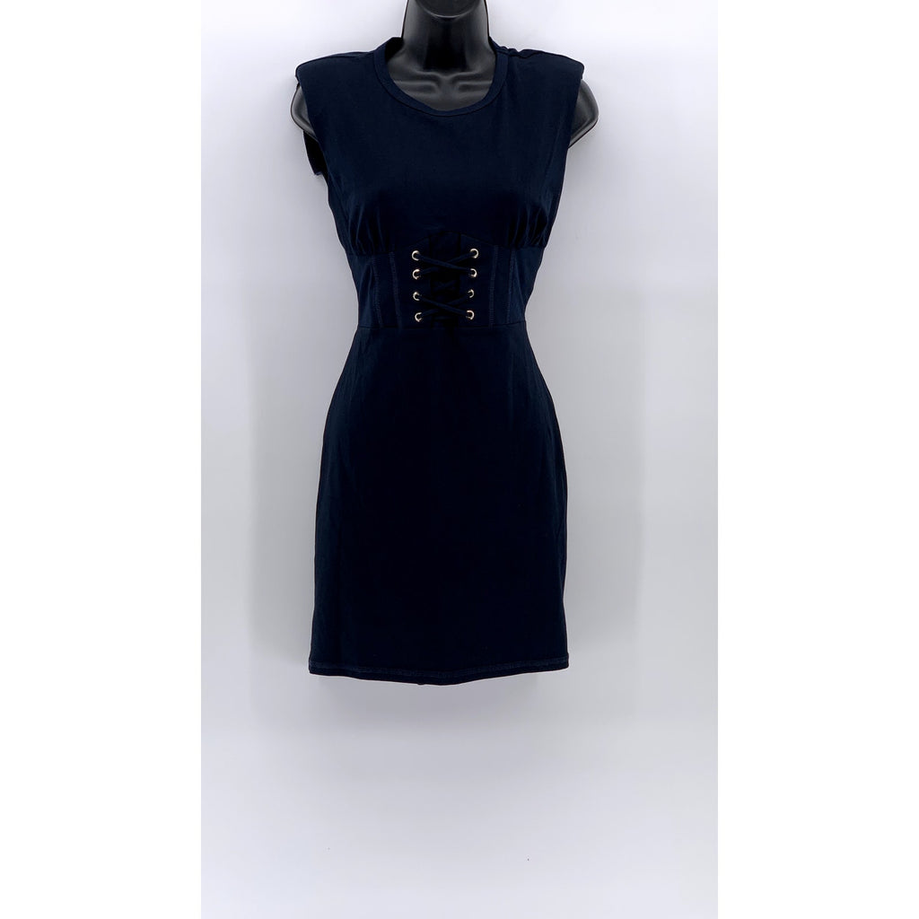 STUDIO F Women's Navy Blue Crewneck Shoulder Padded Sleeveless Corset Dress SZ 4