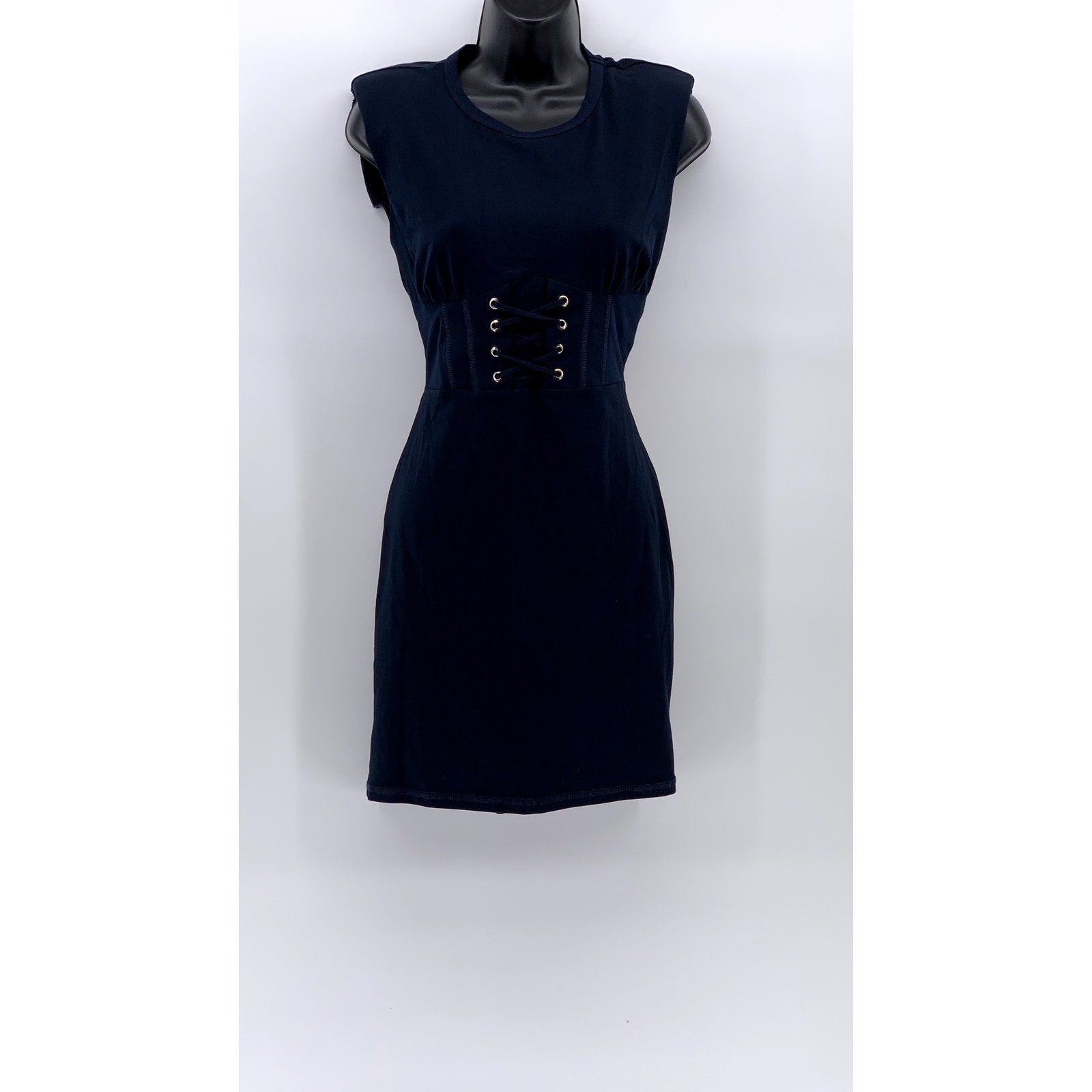 STUDIO F Women's Navy Blue Crewneck Shoulder Padded Sleeveless Corset Dress SZ 4