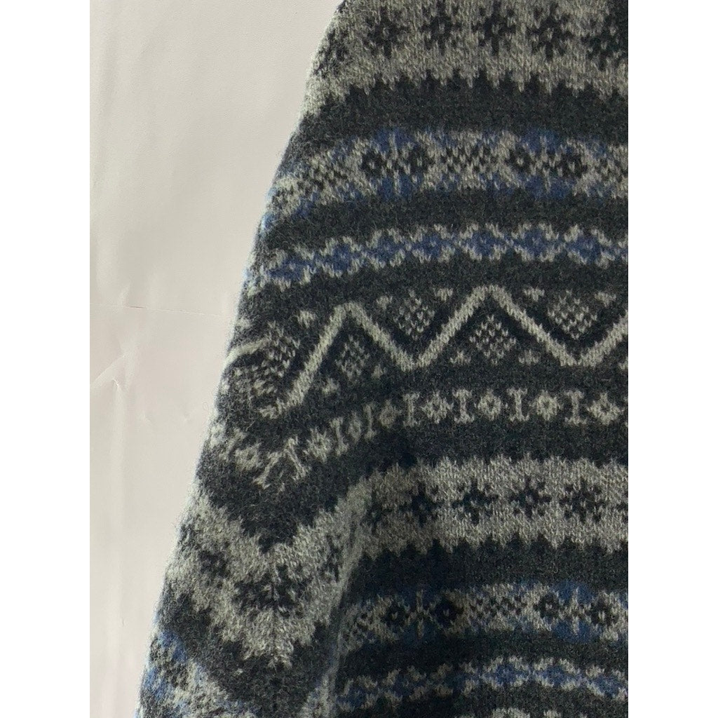 NAUTICA Men's Gray/Blue Fair Isle Printed V-Neck Wool Pullover Sweater SZ L