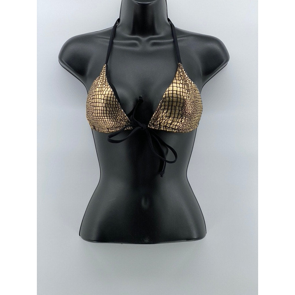 SHEIN Women's Black-Gold Metallic Snake Skin Tie-Front Bathing Suit Top SZ L