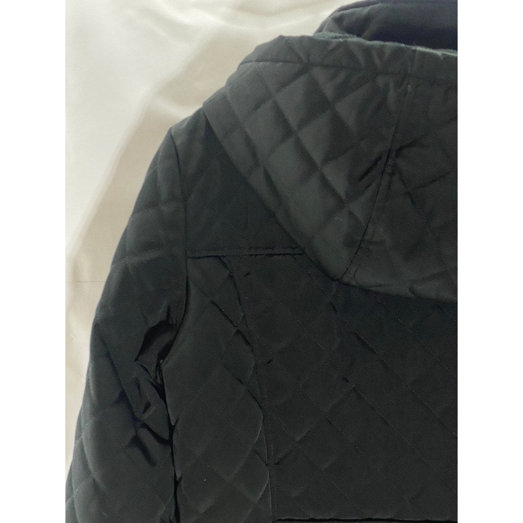 CALVIN KLEIN Women's Black Diamond Quilted Zip-Up Faux-Fur Hood Jacket SZ M