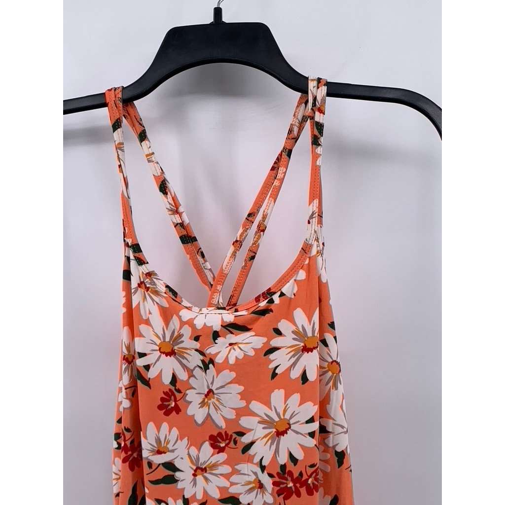 BUZZ Women's Orange Daisy Floral Scoop-neck Cross-Back A-Line Midi Dress SZ L