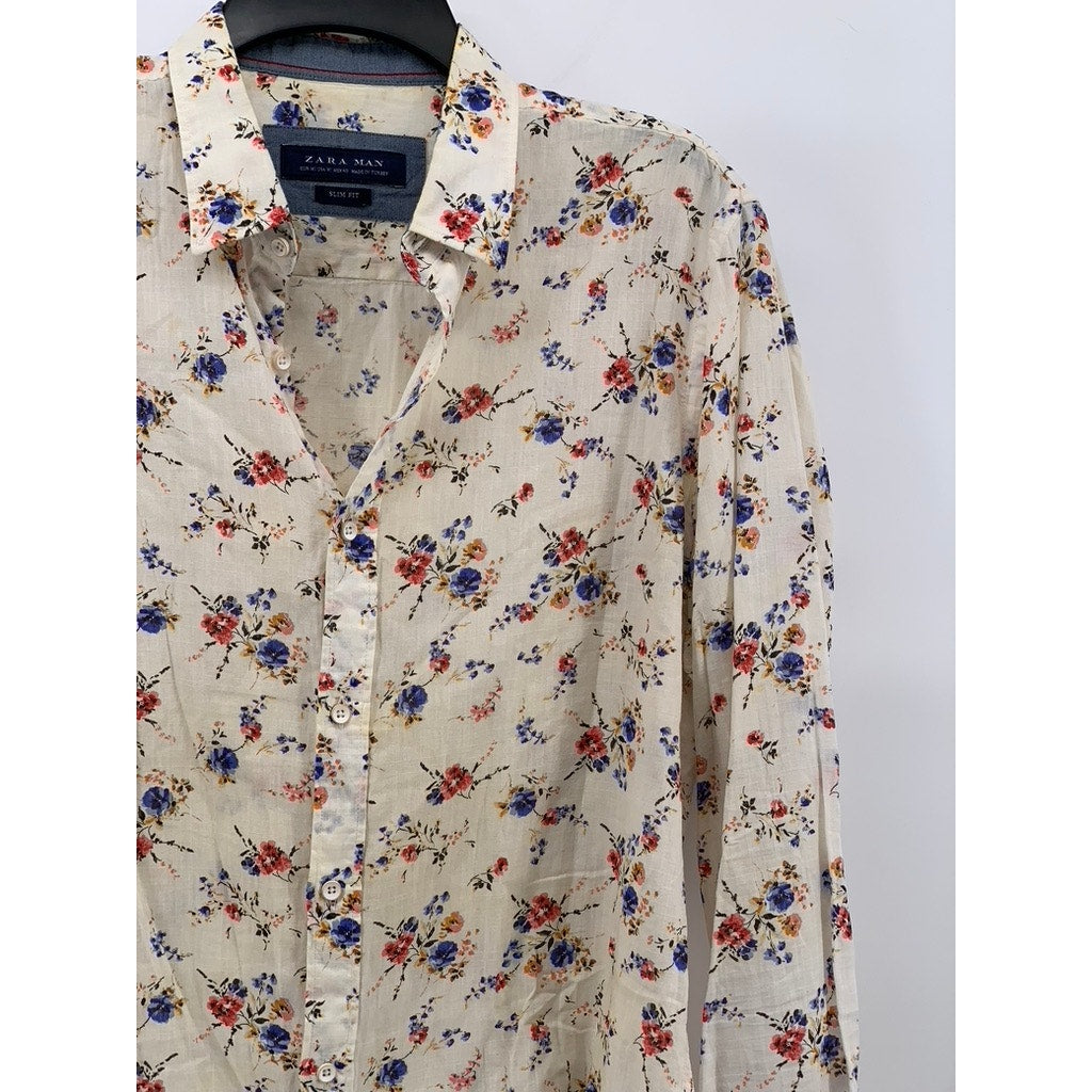 ZARA Men's Off-White Floral Print Button-Up Slim-Fit Long Sleeve Shirt SZ M