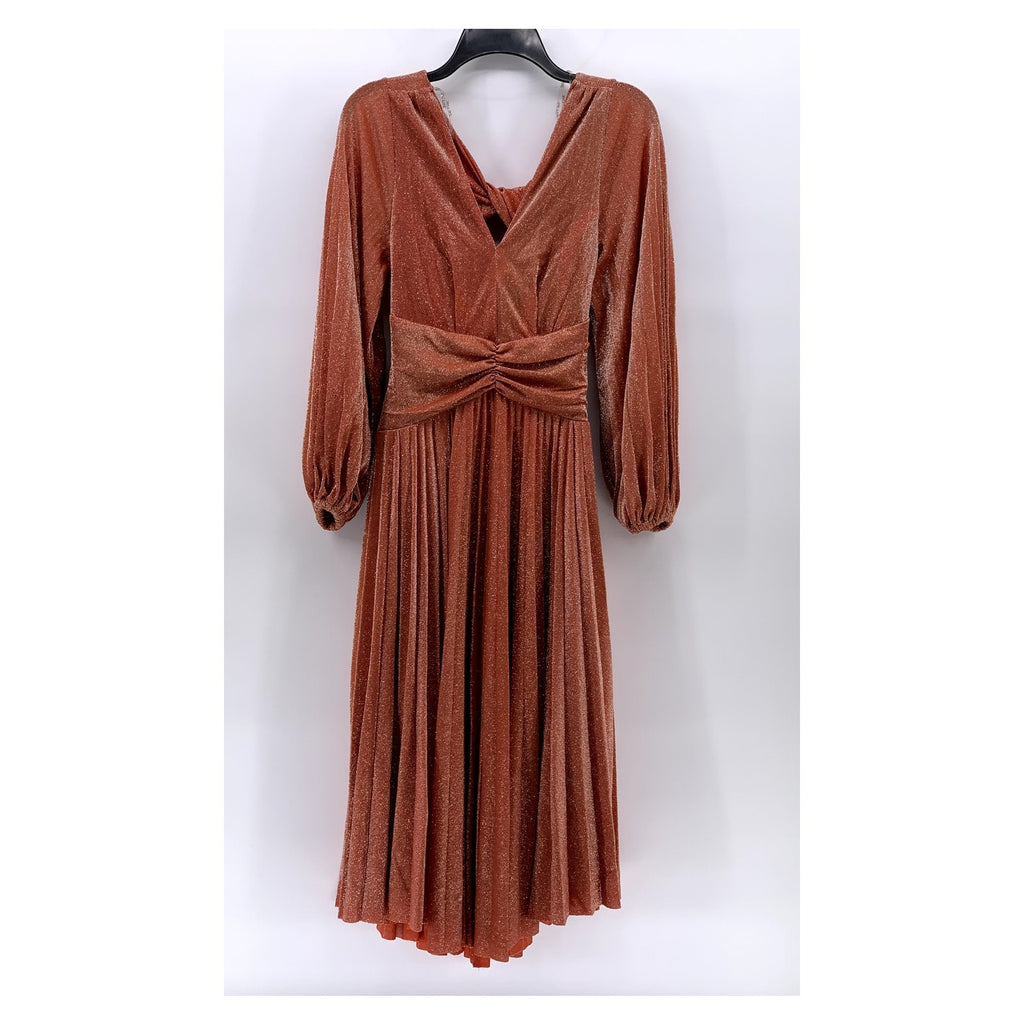SETRE Women's Rust Orange Metallic Pleated V-Neck Long Sleeve Maxi Dress SZ S