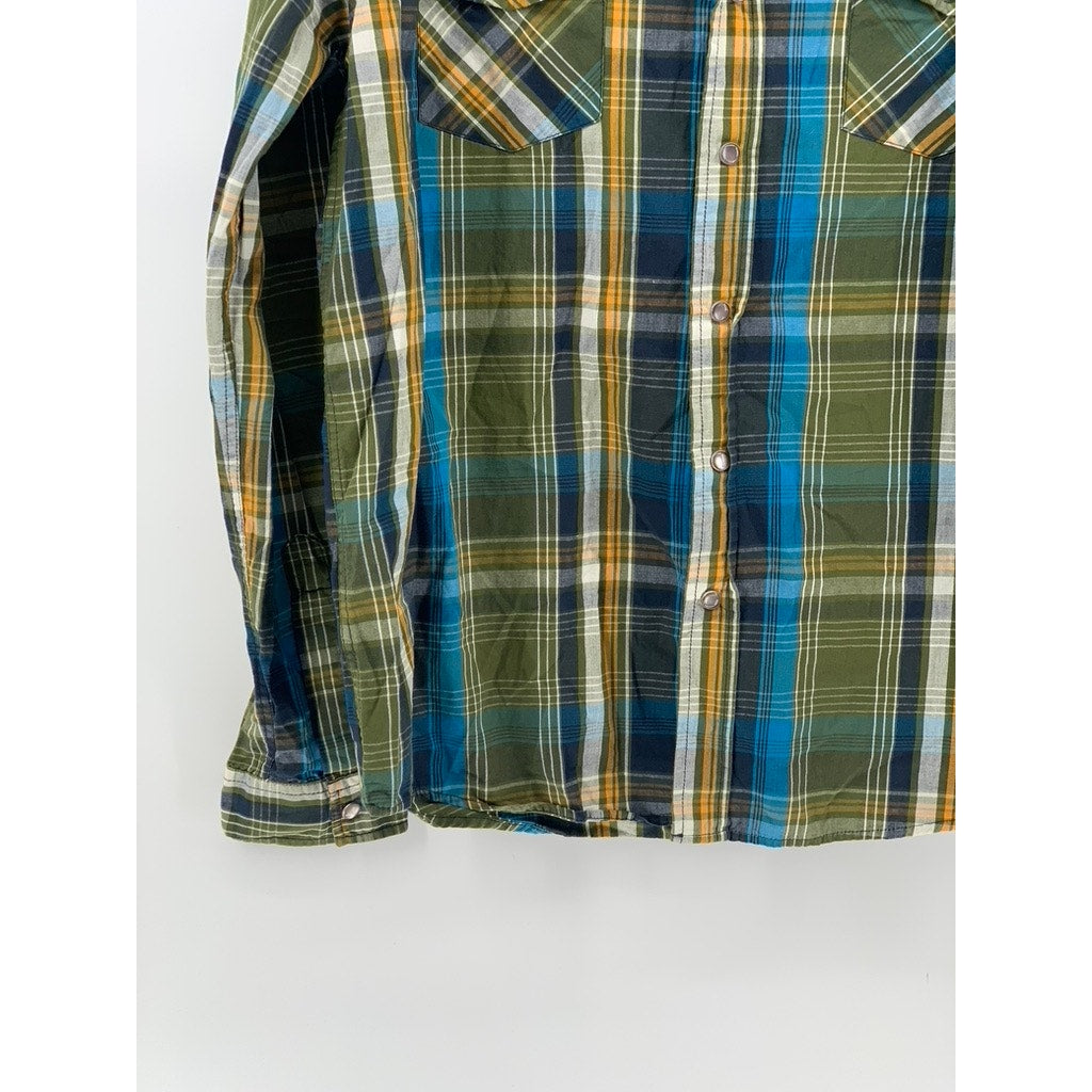 XXX RUDE Men's Green-Blue Plaid Button-Up Long Sleeve Regular-Fit Shirt SZ M