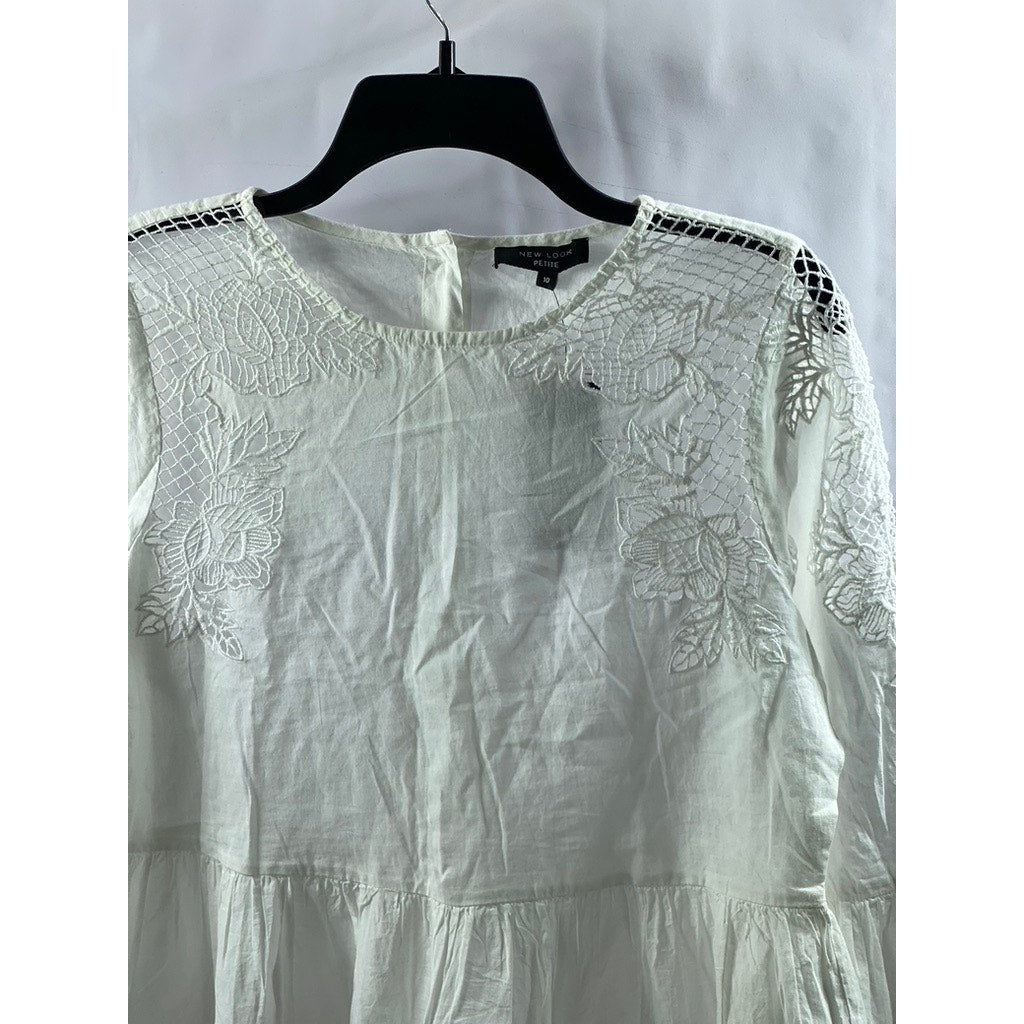 NEW LOOK Women's Petite White Crewneck Floral Cutwork Long Sleeve Ruffle Top SZ6