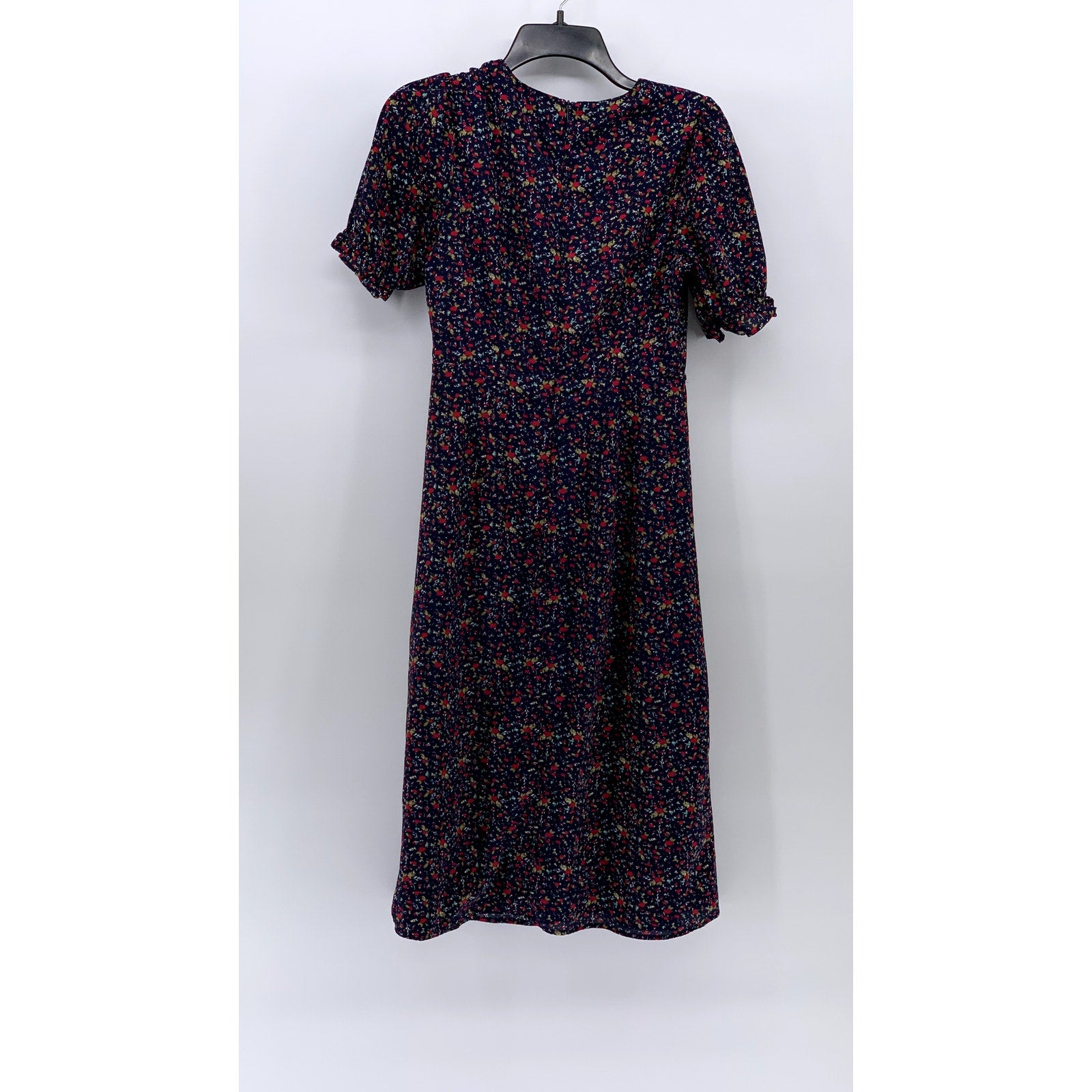 ESSUE Women's Navy Floral Elbow Sleeve V-Neck Tie-Waist A-line Dress SZ S