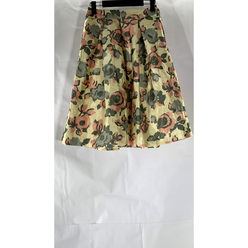 ASOS Women's Tan-Gray Floral Pleated A-Line Knee Length Skirt SZ 2
