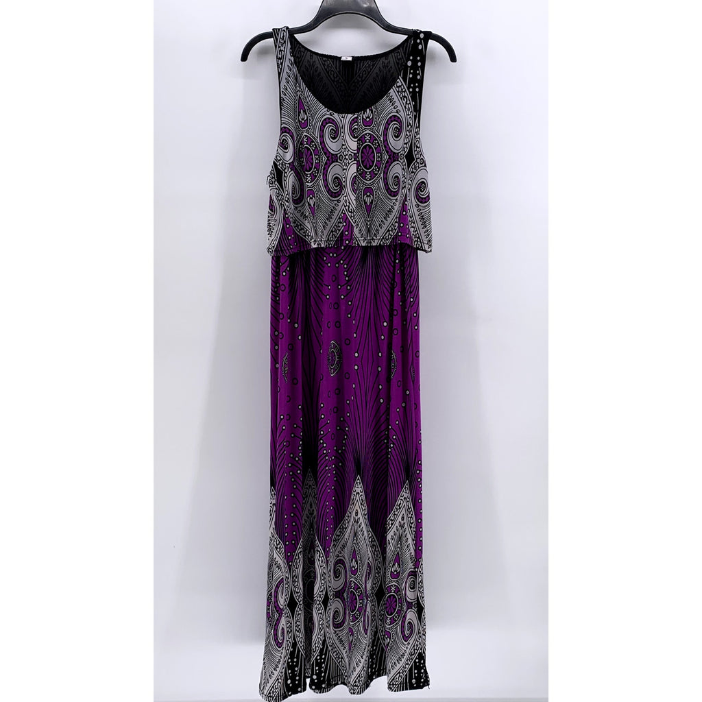 UNBRANDED Women's Purple-Black Silk Blend Printed Sleeveless Maxi Dress SZ XL