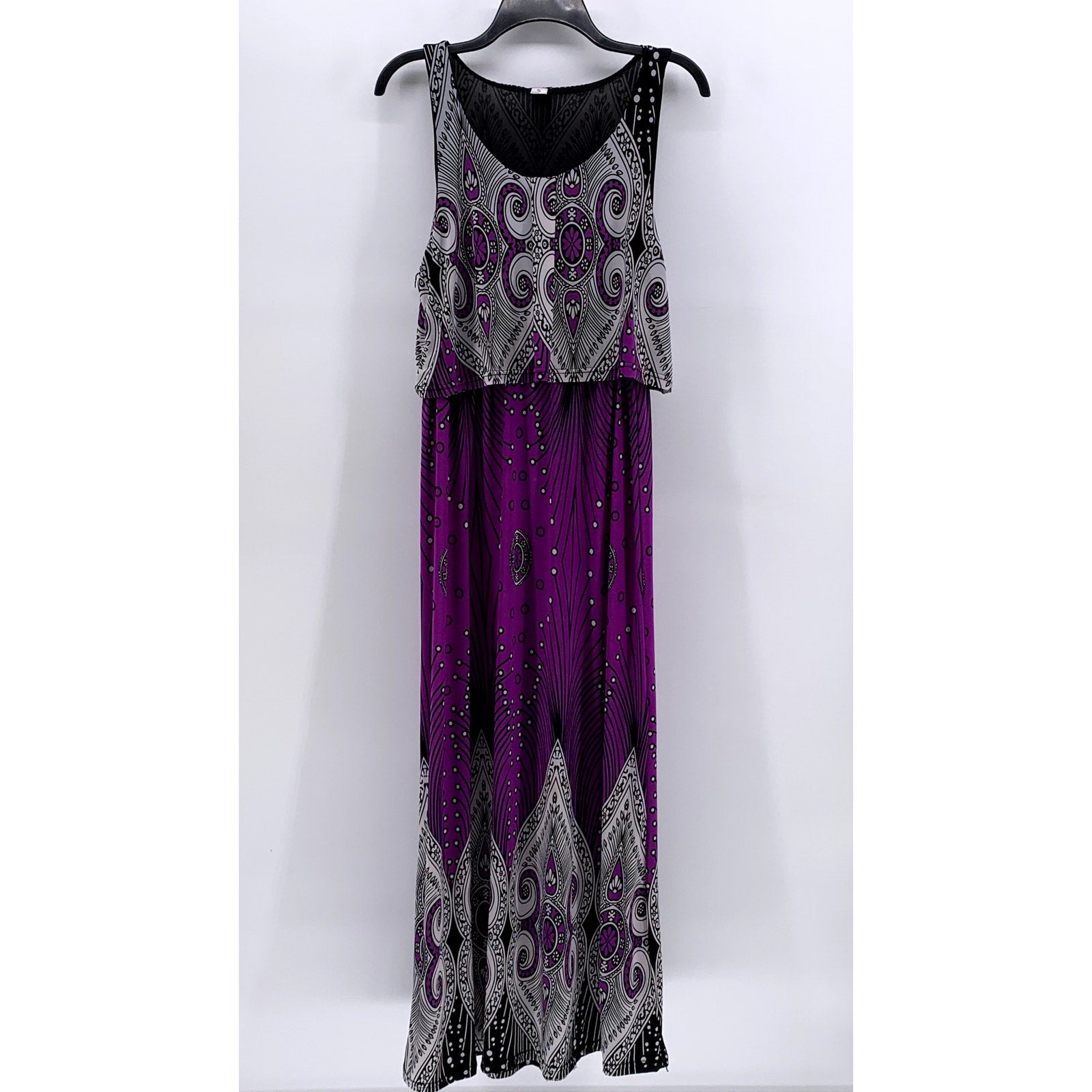 UNBRANDED Women's Purple-Black Silk Blend Printed Sleeveless Maxi Dress SZ XL