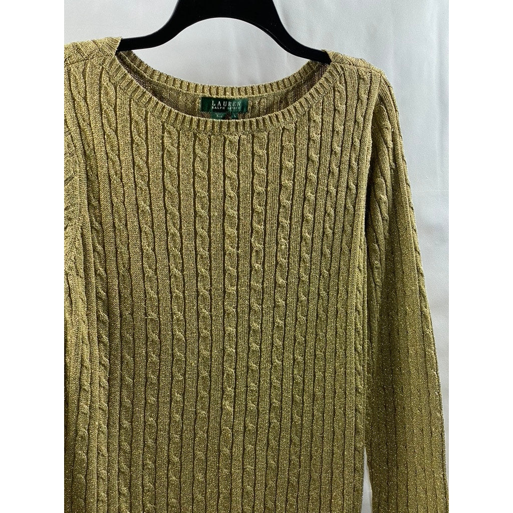 LAUREN RALPH LAUREN Women's Brown Metallic Silk-Blend Cable Knit Sweater SZ L