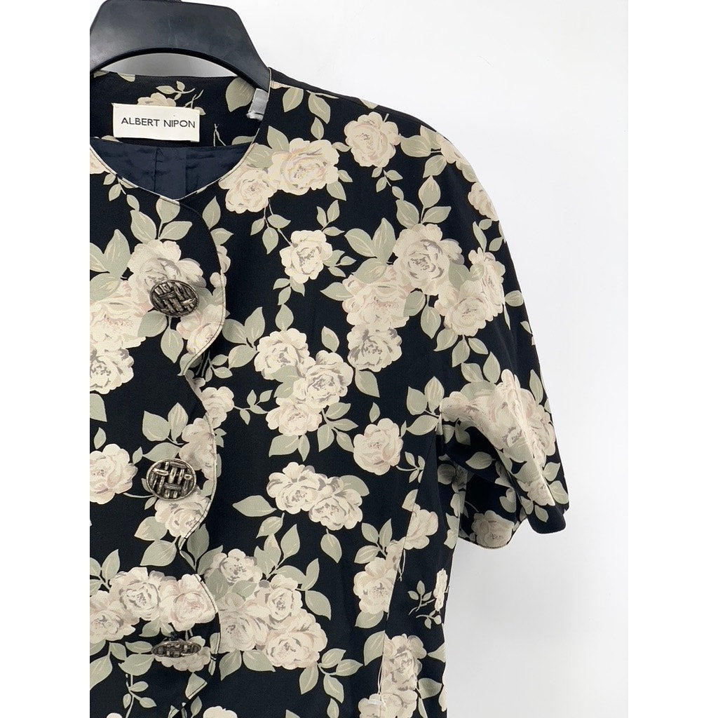 ALBERT NIPON Women's Vintage Black-Beige Floral Button-Up Short Sleeve Top SZ 8