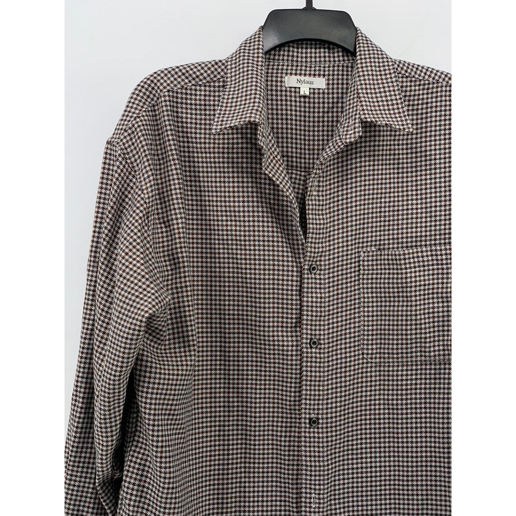 NYLAUS Men's Brown-Black Houndstooth Print Button-Up Rare Vintage Shirt SZ L