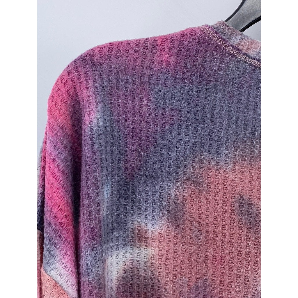 WILD FABLE Women's Pink-Gray Tie-Dye V-Neck Long Sleeve Thermal Top SZ S
