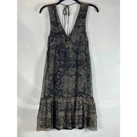 ELLA MOSS Women's Black/Beige Printed Sleeveless Silk Ruffle Mini Dress SZ XS