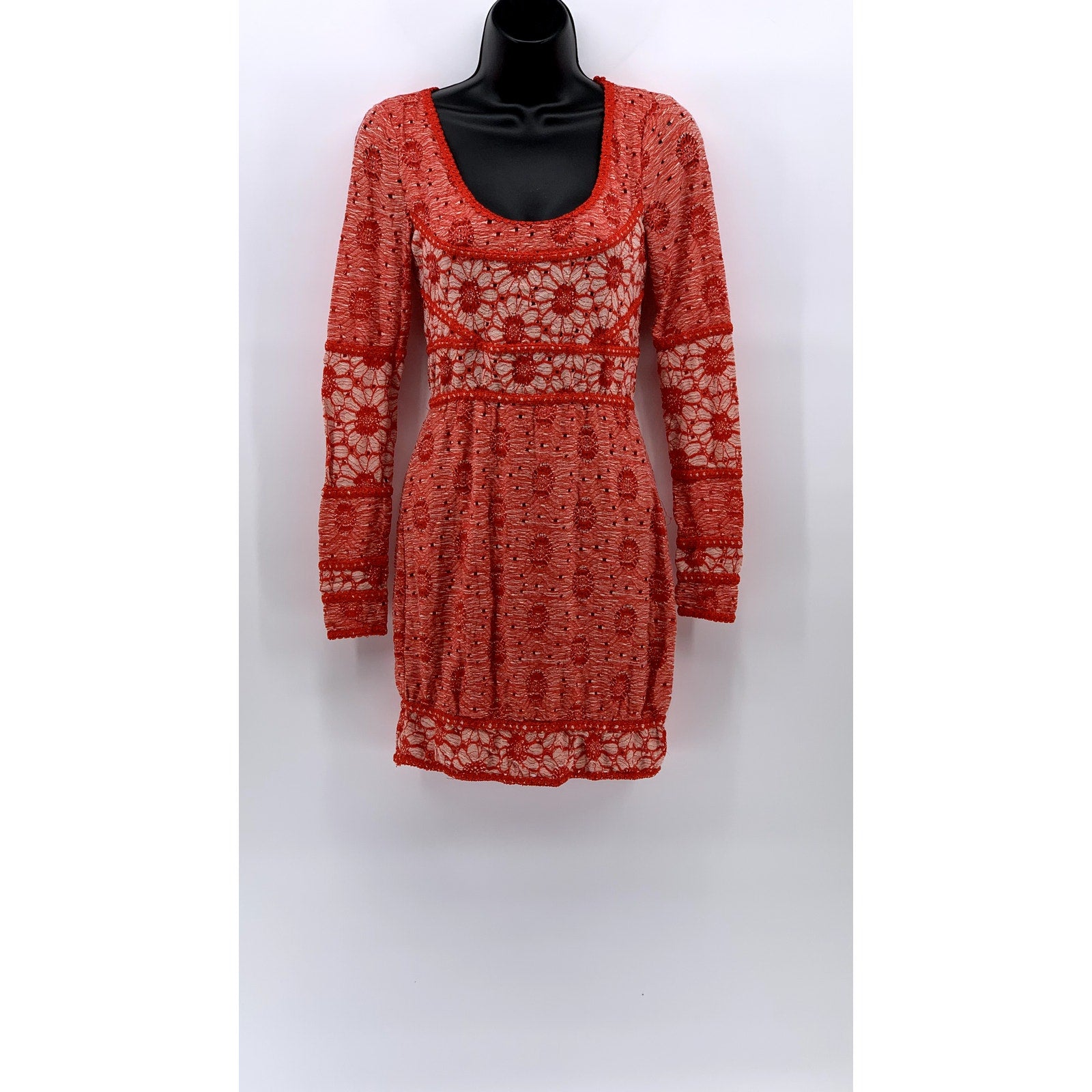 FREE PEOPLE Women's Red-Beige Floral Lace Long Sleeve Scoop-Neck Mini Dress SZXS