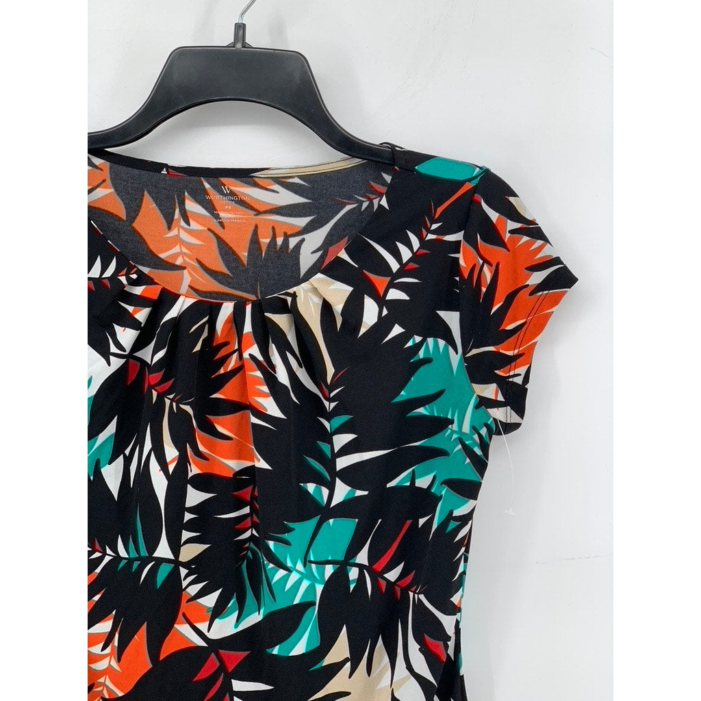 WORTHINGTON Women's Petite Scoop-Neck Multicolor Plant Pattern Shirt SZ S