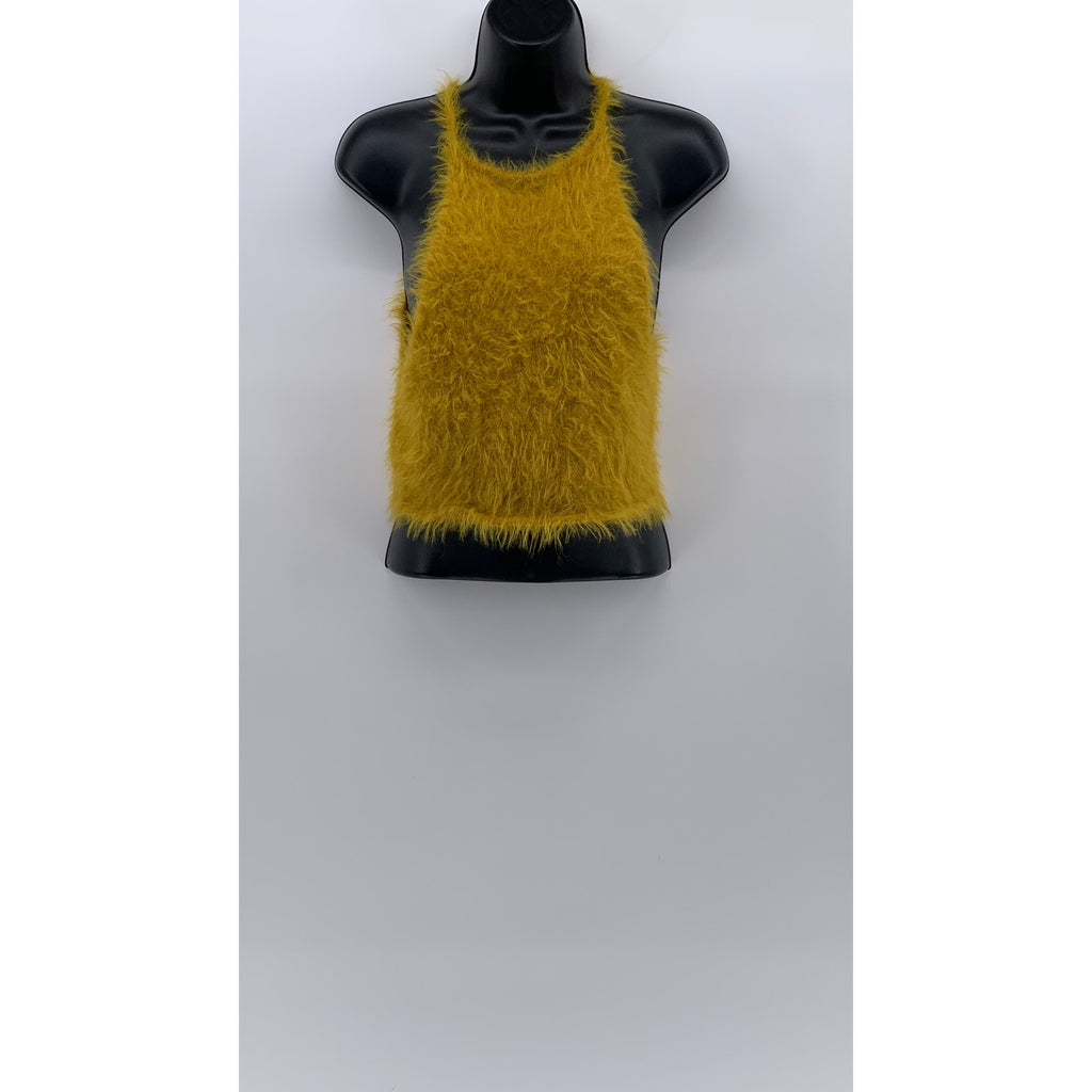 KIMCHI BLUE Women’s Yellow Fuzzy Halter Spaghetti Strap Crop Top SZ S