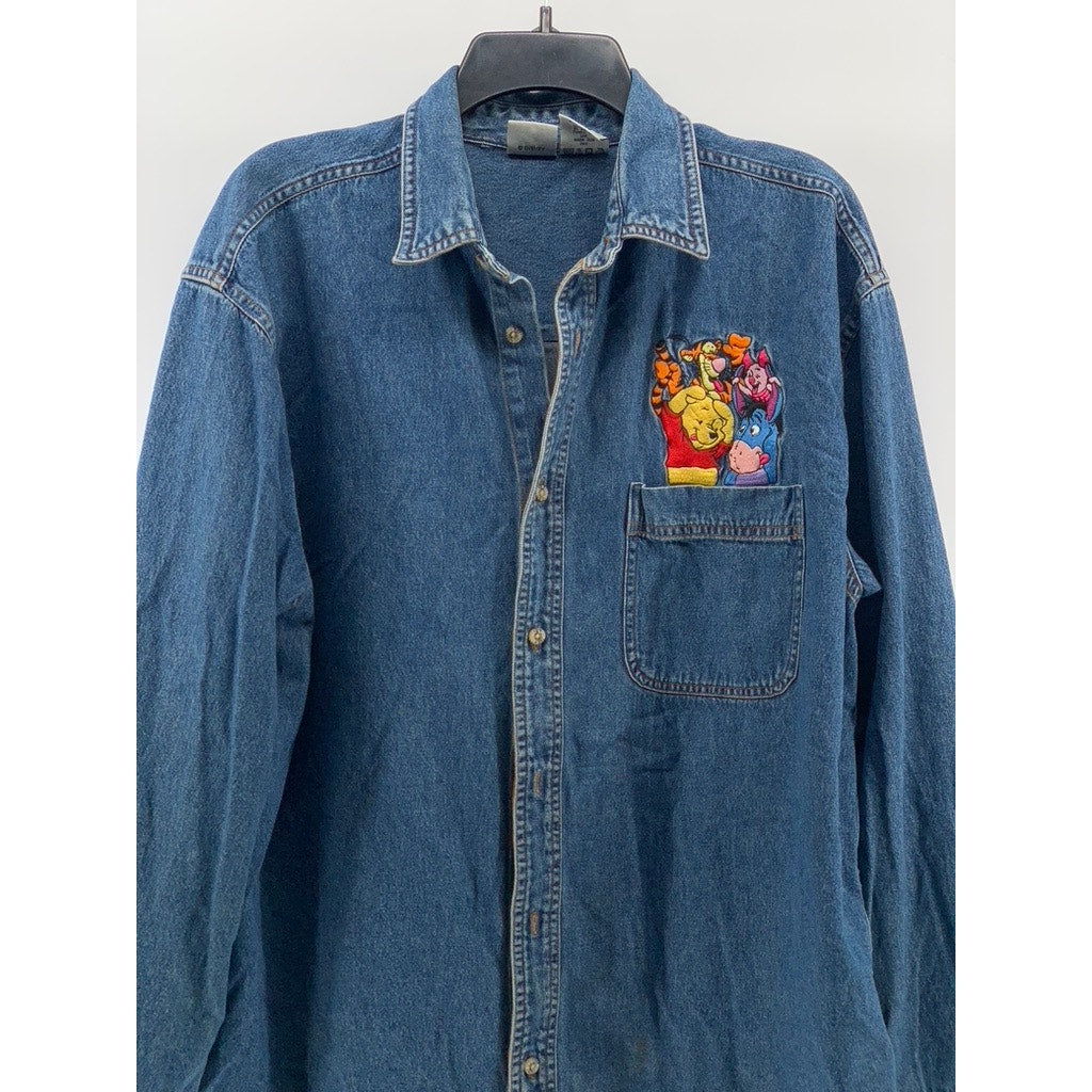 DISNEY Women's Vintage Blue Denim Embroidered Pooh & Friends Shirt Jacket SZ L