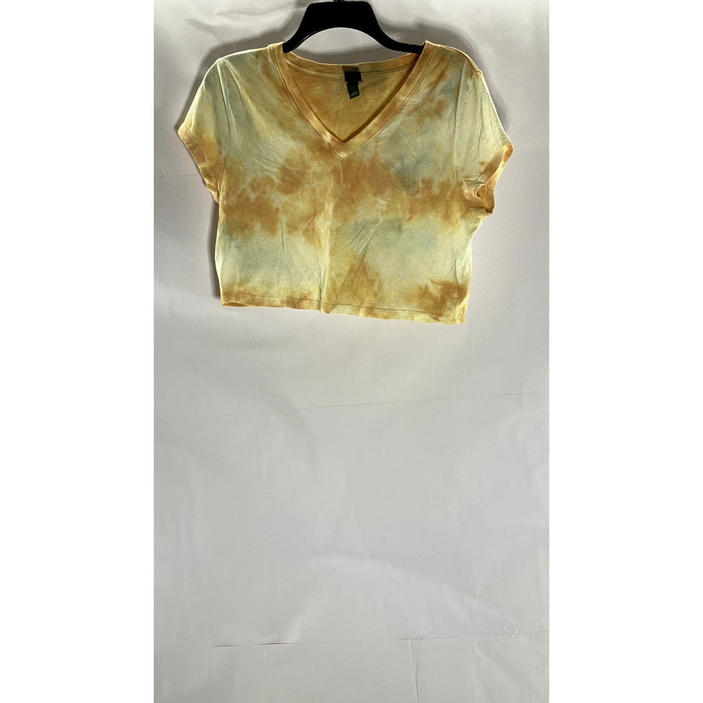 WILD FABLE Women's Yellow/Gold Tie-Dye V-Neck Short Sleeve Crop Top SZ S