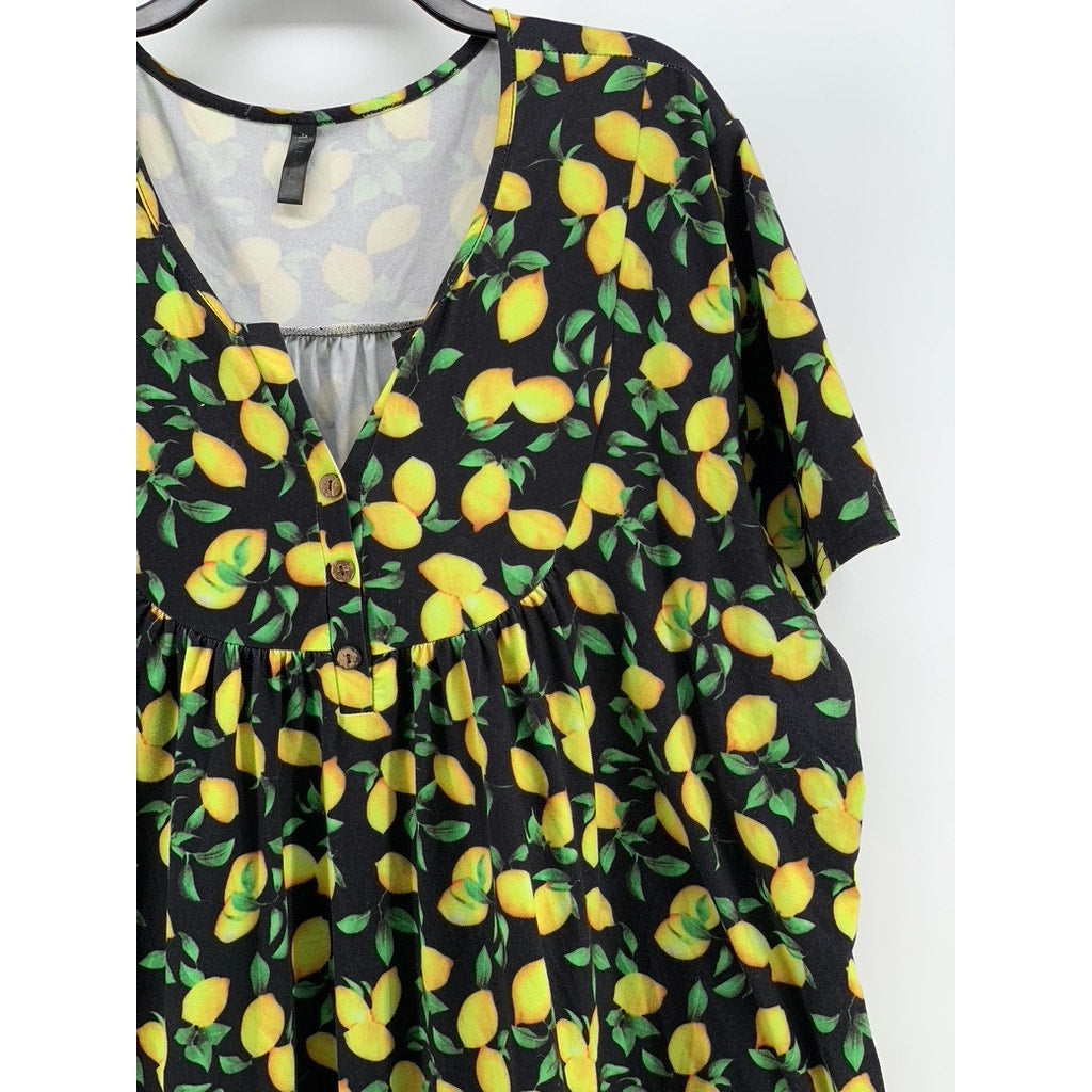 ALLEGRACE Women's Plus Black-Yellow Lemon Printed Short Sleeve Top SZ 3X