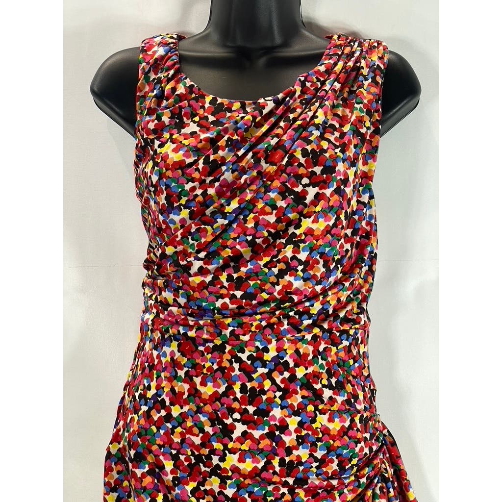 BETSEY JOHNSON Women's Multi Heart Print Scoop-Neck Sleeveless Ruched Dress SZ10