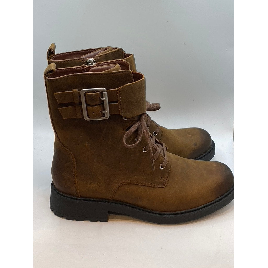 CLARKS Women's Brown Leather Orinoco Round-Toe Side-Buckle Combat Boots SZ 8.5