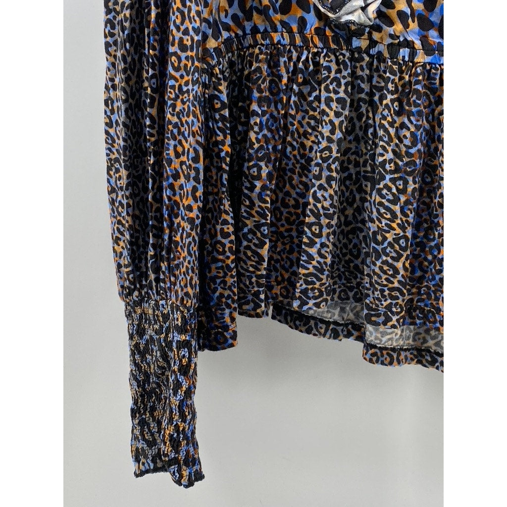BLANK LONDON Women's Black-Blue-Orange Leopard Print Ruffle Long Sleeve Top SZ L