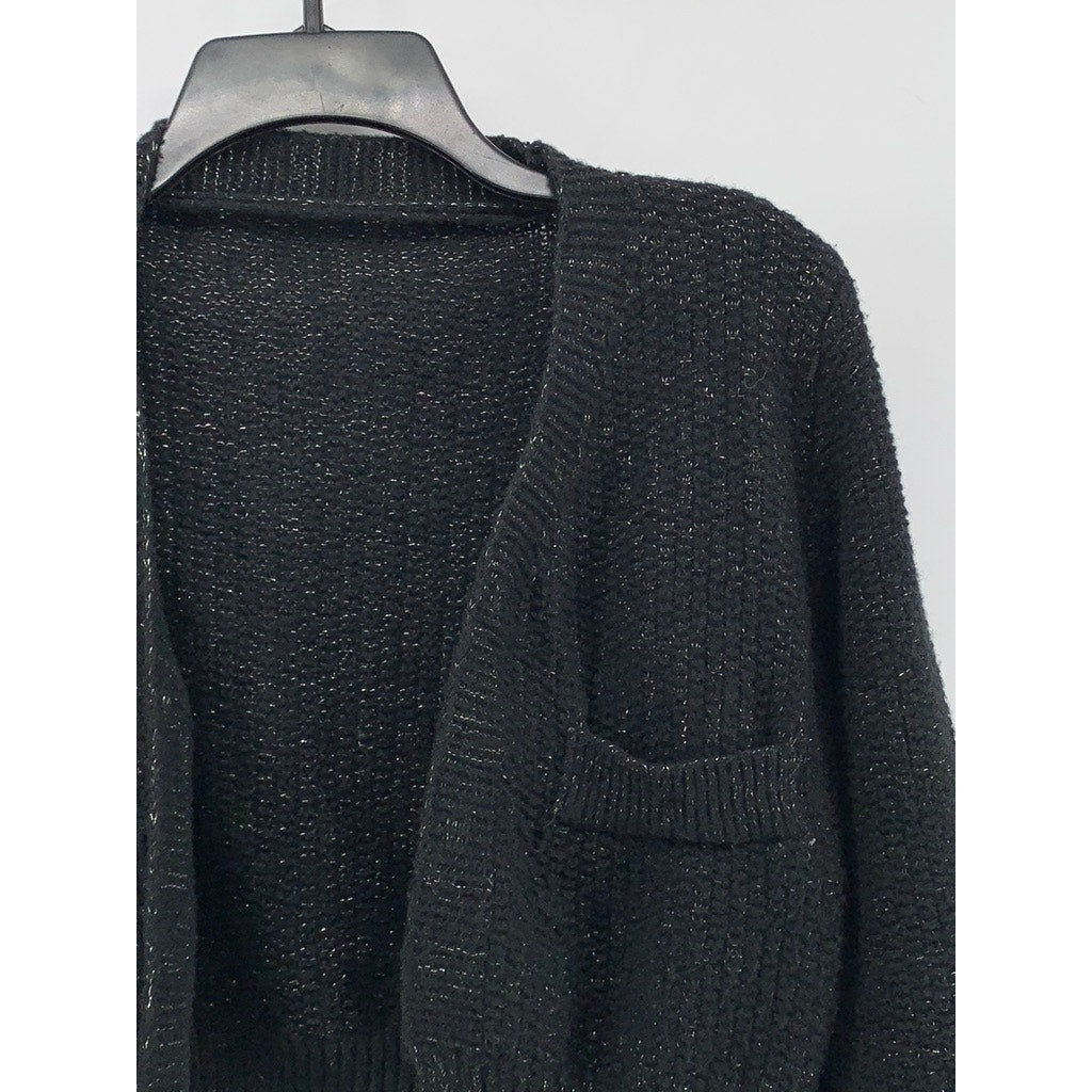 UNBRANDED Women's Black-Silver Button-Up Long Sleeve Knit Cropped Cardigan SZ S