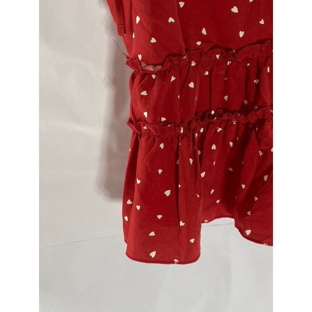 UNBRANDED Women's Red/White Polka Dot Tie-Sleeve Ruffle V-Neck Top SZ S