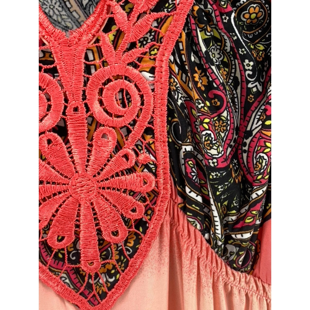 STYLE & CO Women's Peach Printed Lace V-Neck Asymmetrical Midi Dress SZ S