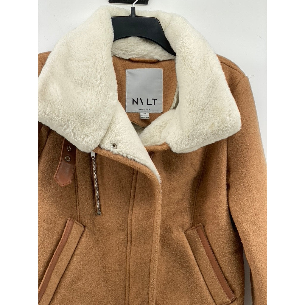 NVLT Women's Tan-White Sherpa Lined Zip-Up Brushed Melton Wool-Blend Jacket SZ S