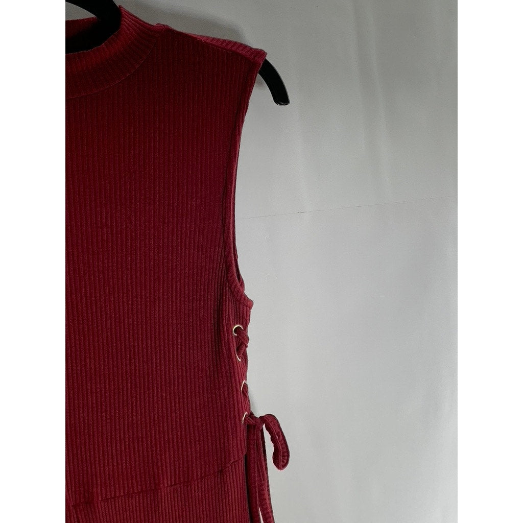 ASOS Women's Burgundy Ribbed Mock-Neck Sleeveless Ribbed Front-Slit Dress SZ 4