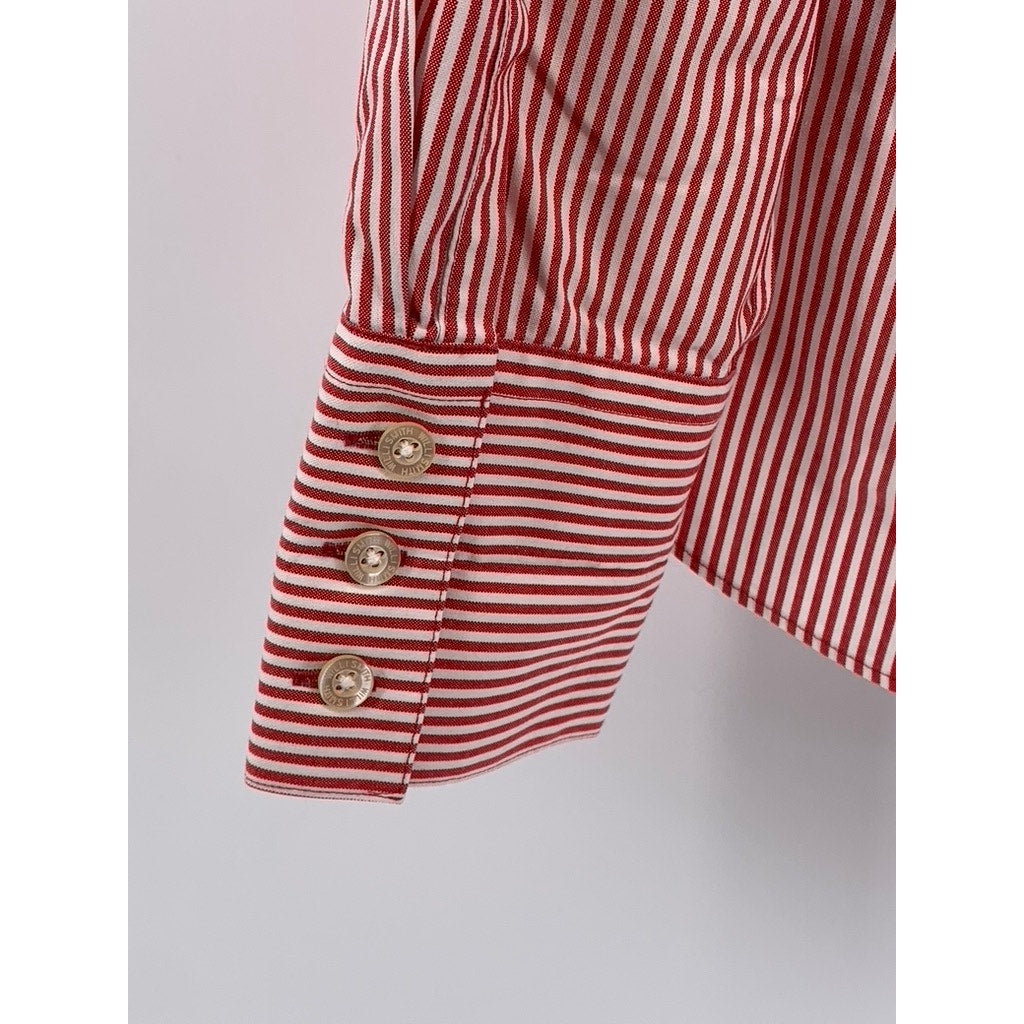 WILLI SMITH Women's Red-White Striped Button-up Regular-Fit Long Sleeve Top SZ L
