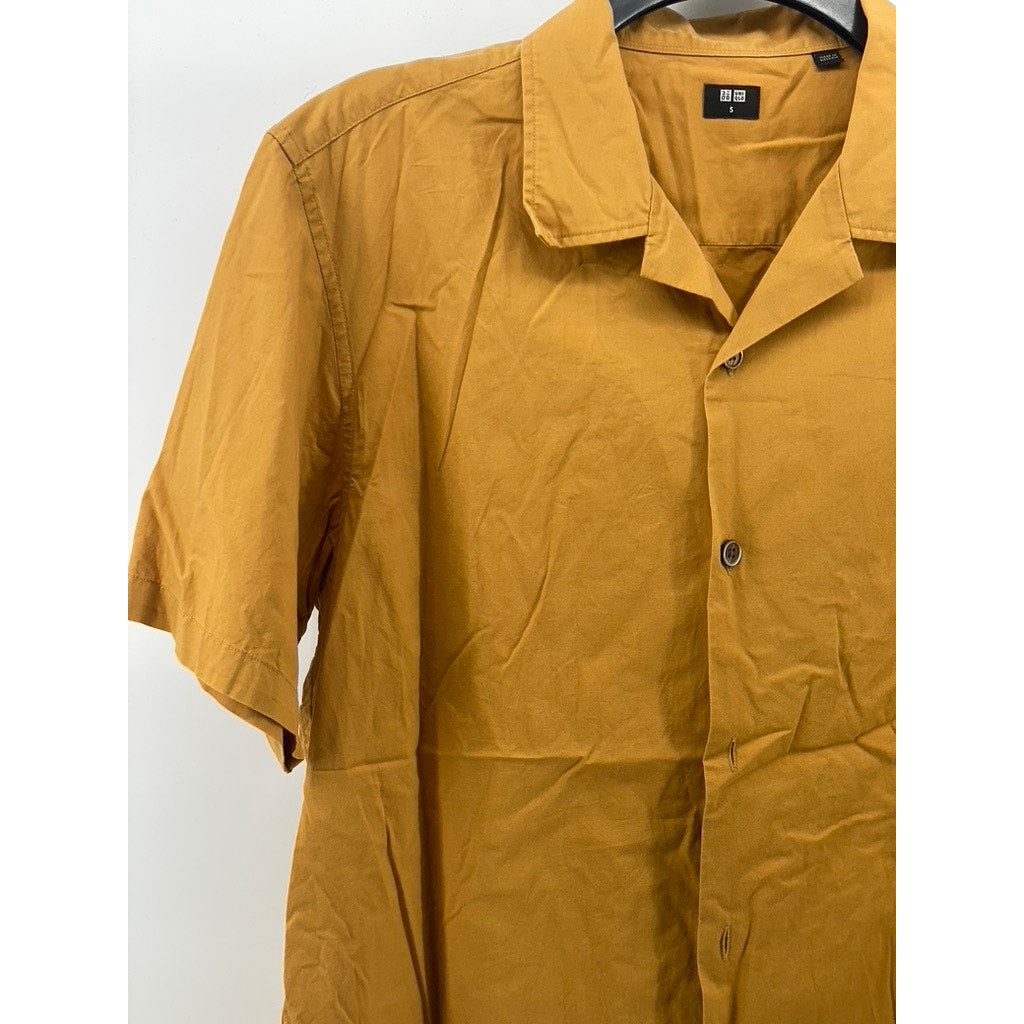 UNIQLO Men's Mustard Yellow Open-Collar Short Sleeve Button-Up Shirt SZ S