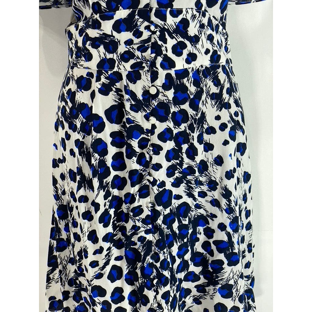 WHISTLES Women's Blue Brushed Leopard Button V-Neck Short Sleeve Dress SZ 8